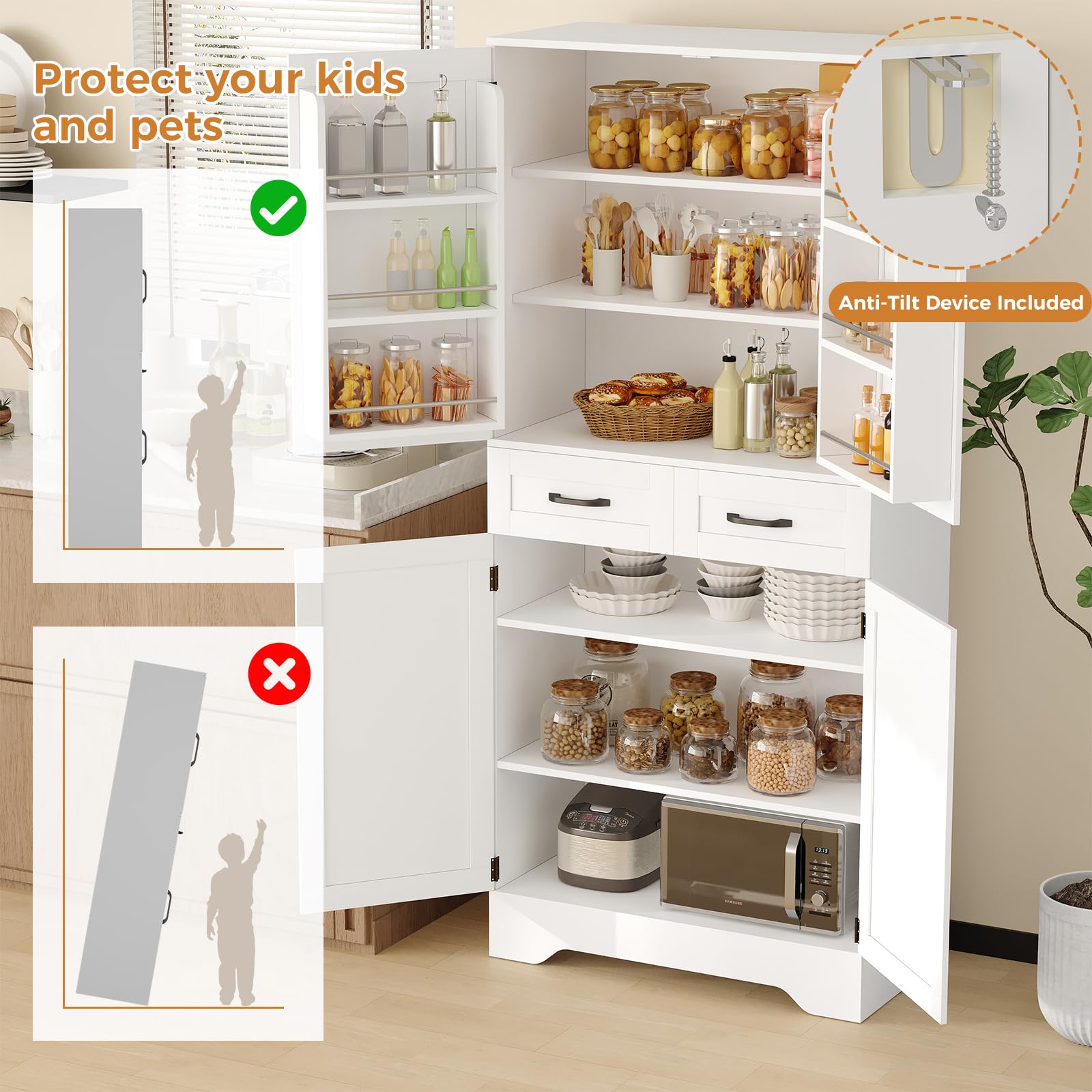 71" Tall Kitchen Pantry Cabinet, Pantry Organizers and Storage Cabinet, Kitchen Storage Cabinets with Doors, Side Storage, 2 Drawer, Adjustable Shelves for Laundry, Bathroom, Garage, White, UXZSG001W