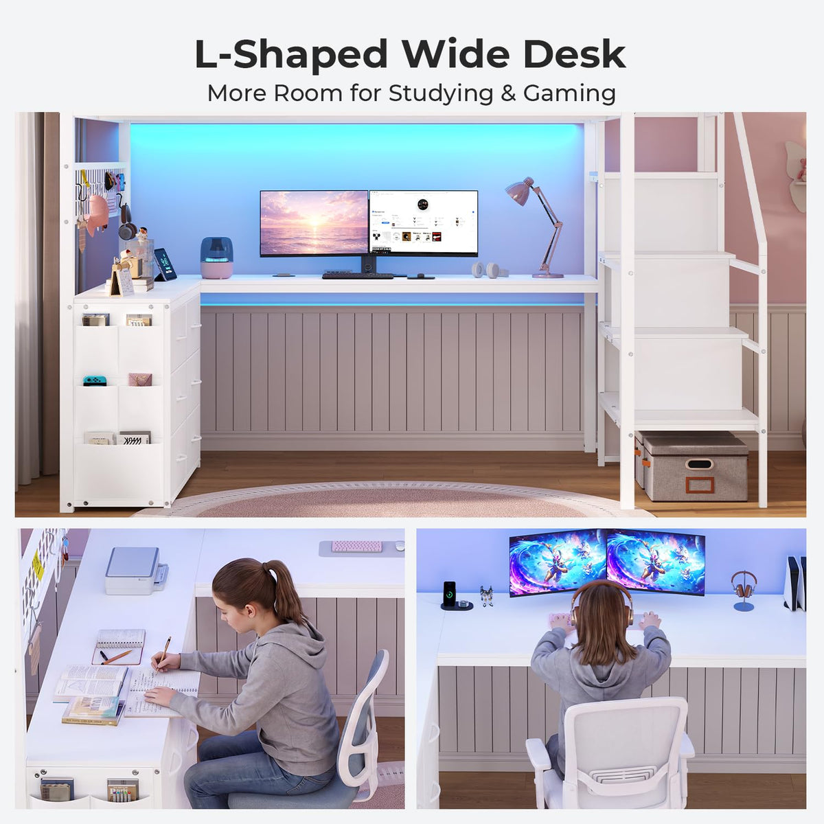 ADORNEVE Full Size Loft Bed with L Desk and Storage Stairs, White