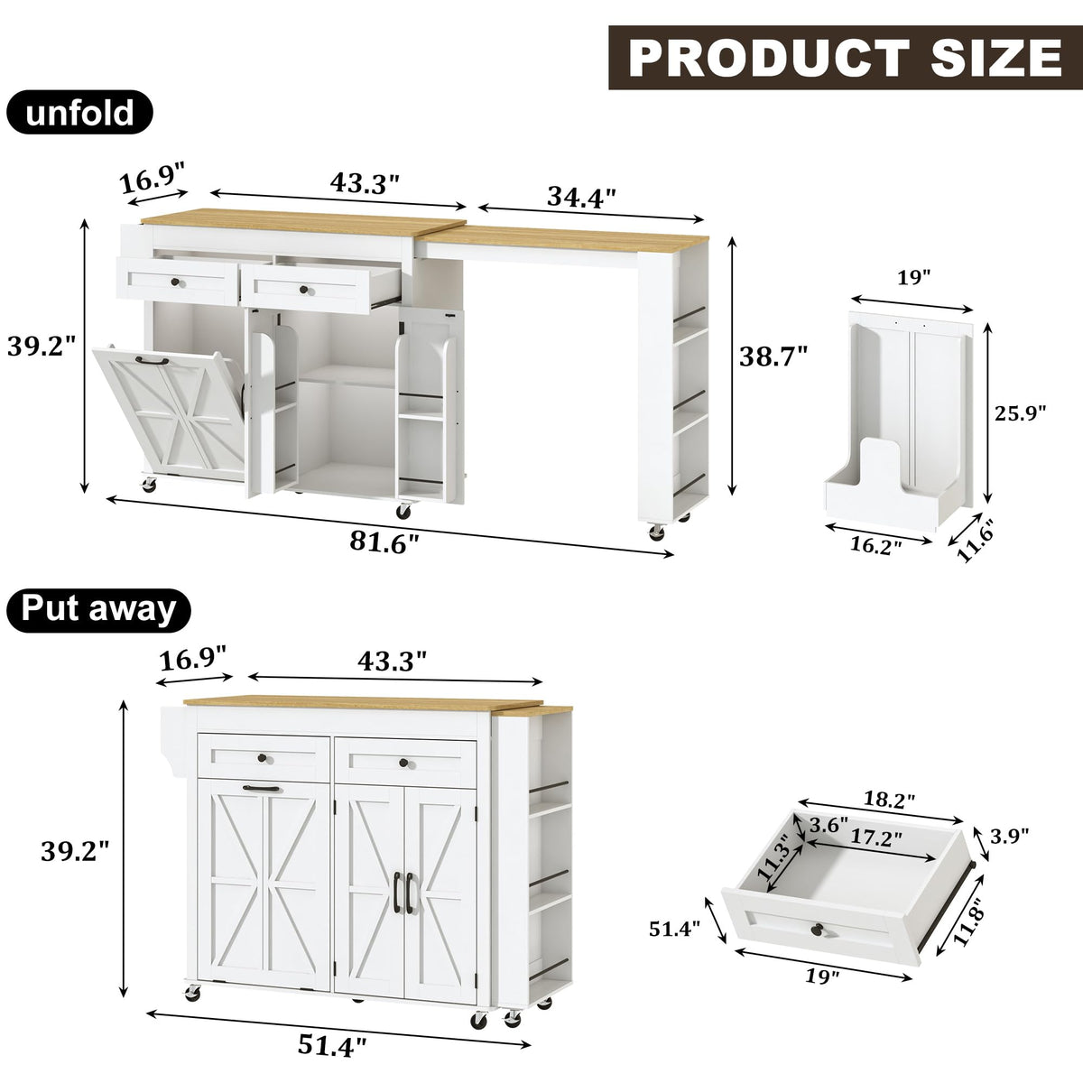 81.6"-51" Extendable Rolling Kitchen Island with Extended Dining Table & Power Outlet, Mobile Kitchen Storage Islands with Trash Cabinet, Large Islands Cart with Storage and 2 Seatings, White