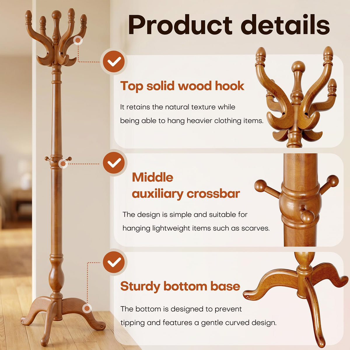 MLAVUDM Wooden Standing Coat Rack, 73.6IN Freestanding Coat Tree with Hook