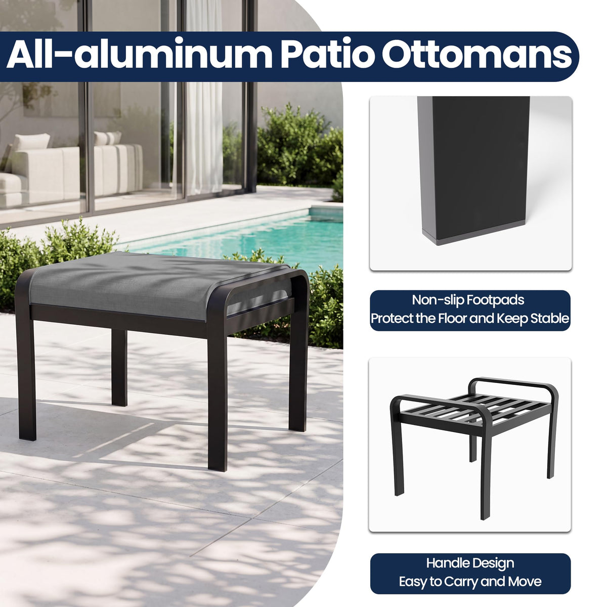 ASJMR 2 Pieces Patio Ottomans, Aluminum Outdoor Ottoman with Removable Cushion, Oversized Outdoor Footstools, Additional Seating, Side Table, Multipurpose Outdoor Footrests for Balcony, Garden, Grey