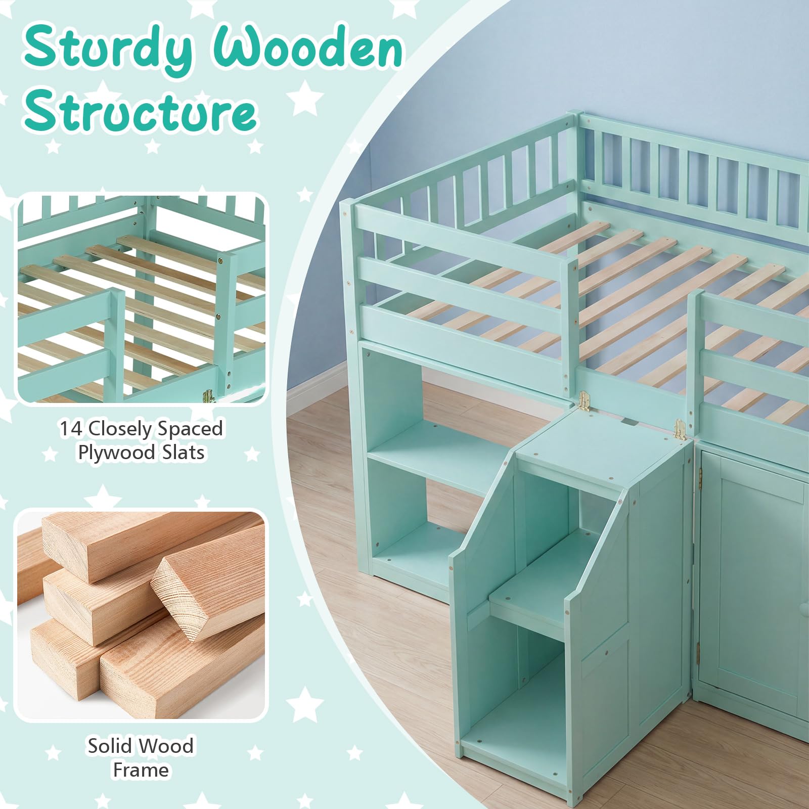 Giantex Low Loft Bed Twin Size with LED Lights, Wooden Bed Frame w/Stairs, Safety Guardrails, Storage Cabinet, Bookshelf & Under-Bed Play Space, Modern Kids Loft Bed for Boys Girls (Mint Green)