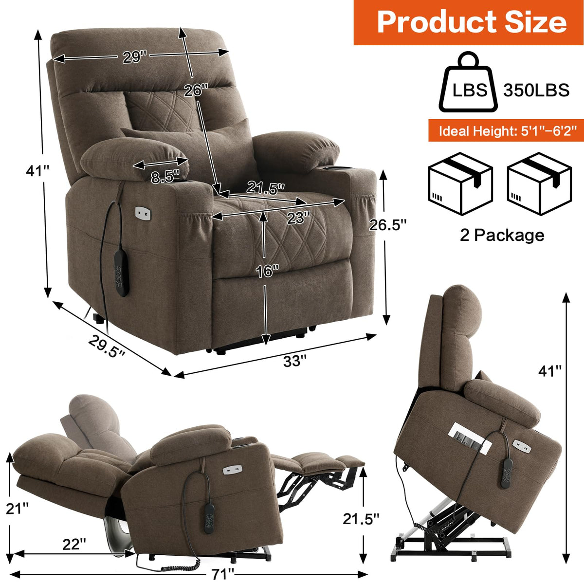 Tri-Motor Power Lift Recliner Chair for Elderly, Lay Flat Lift Chair,Brown