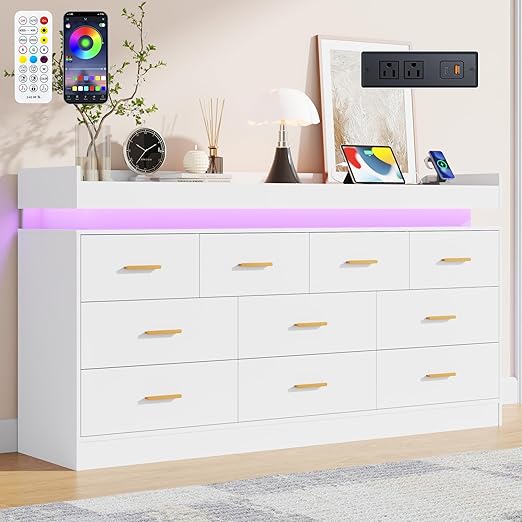 10-Drawer Dresser with Power Outlet & LED Light