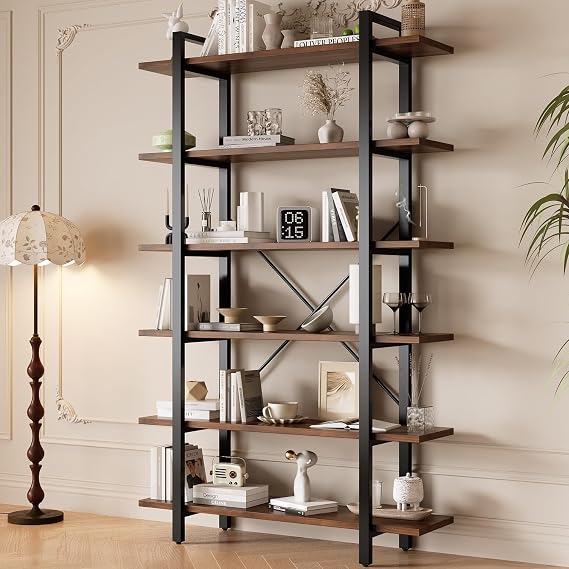 6-Tier Walnut Industrial Bookcase