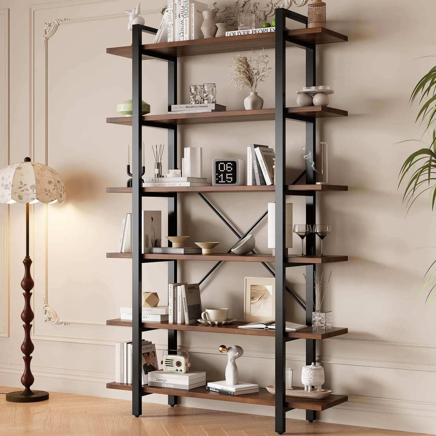 Industrial 6-Tier Bookshelf with Metal Frame