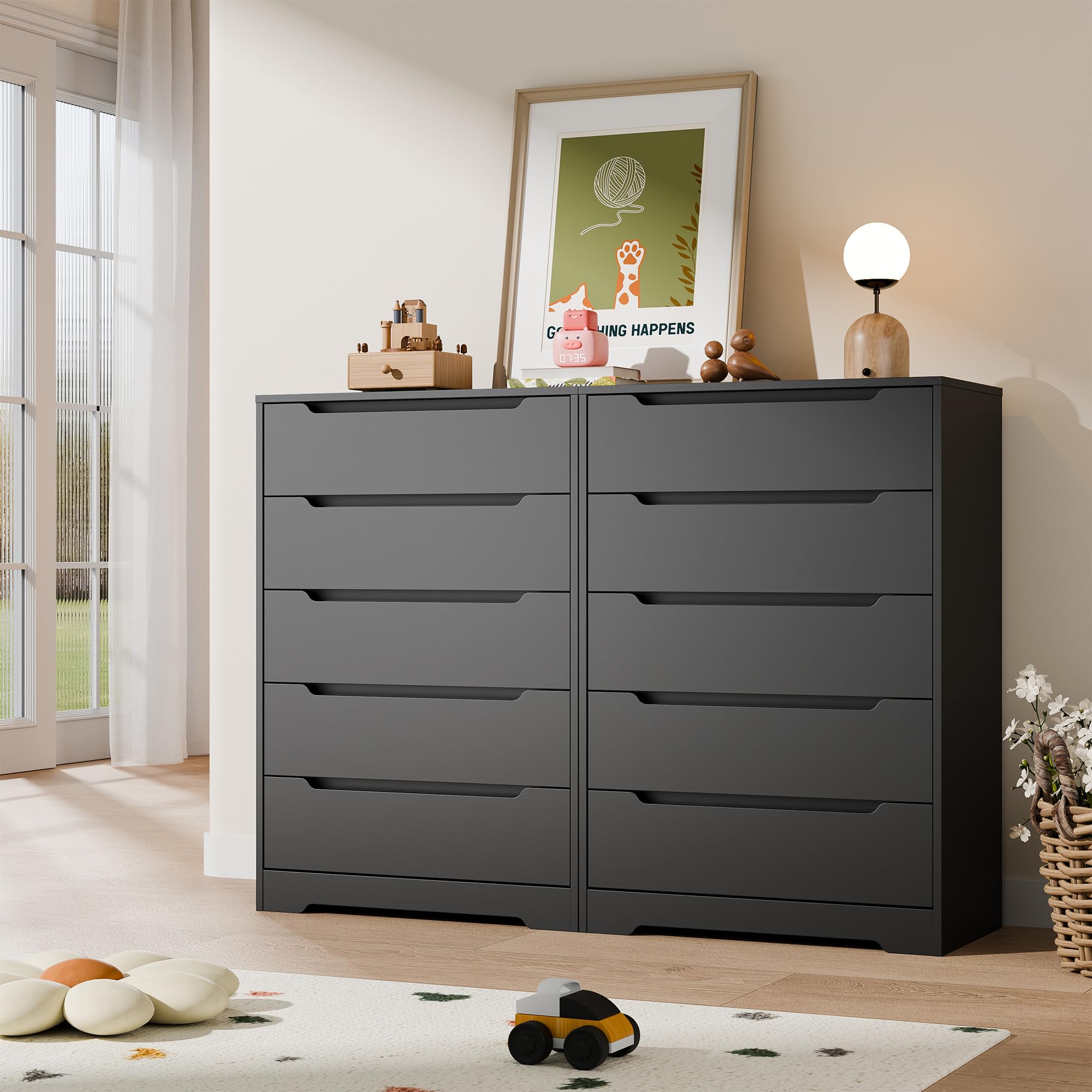 Cozy Castle 5 Drawer Dressers, Modern Chest of Drawers Large Organizer, Wood Accent Storage Cabinet for Living Room, Home Office, Entryway, Black