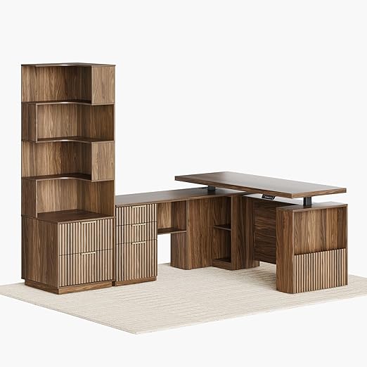 L-Shaped Electric Standing Desk with Corner Bookshelf & File Cabinet