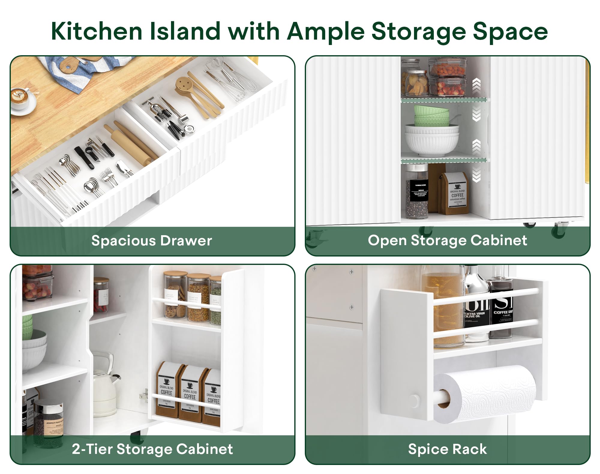 Linkriseed 43.3" x 29.5" Kitchen Island with Drop Leaf, Rolling Kitchen Island on Wheels with Removable Trash Bag, Kitchen Island Cart with Storage Cabinet, Drawers & Spice Rack, White