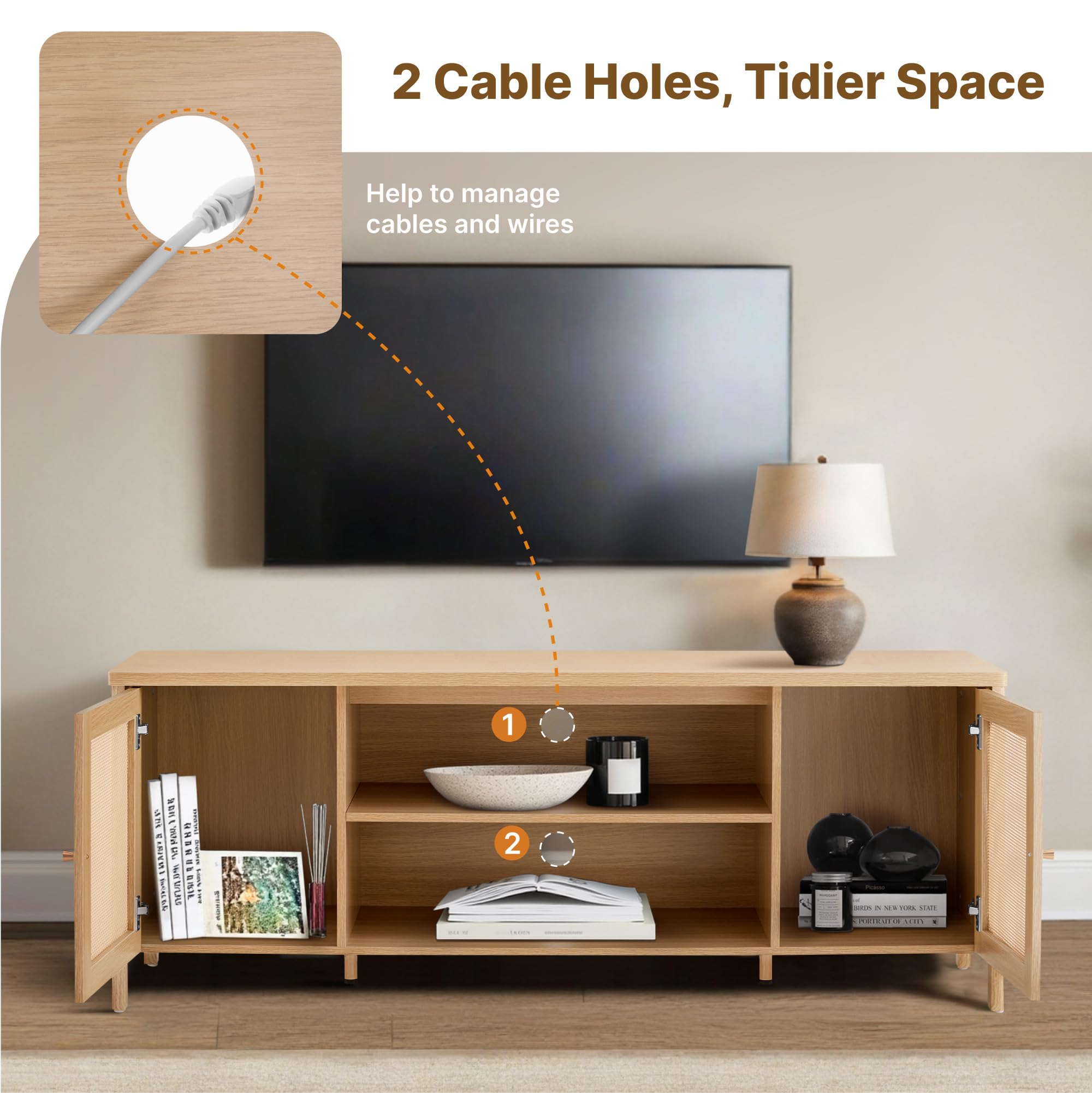 Boho Rattan TV Stand with Storage Cabinets