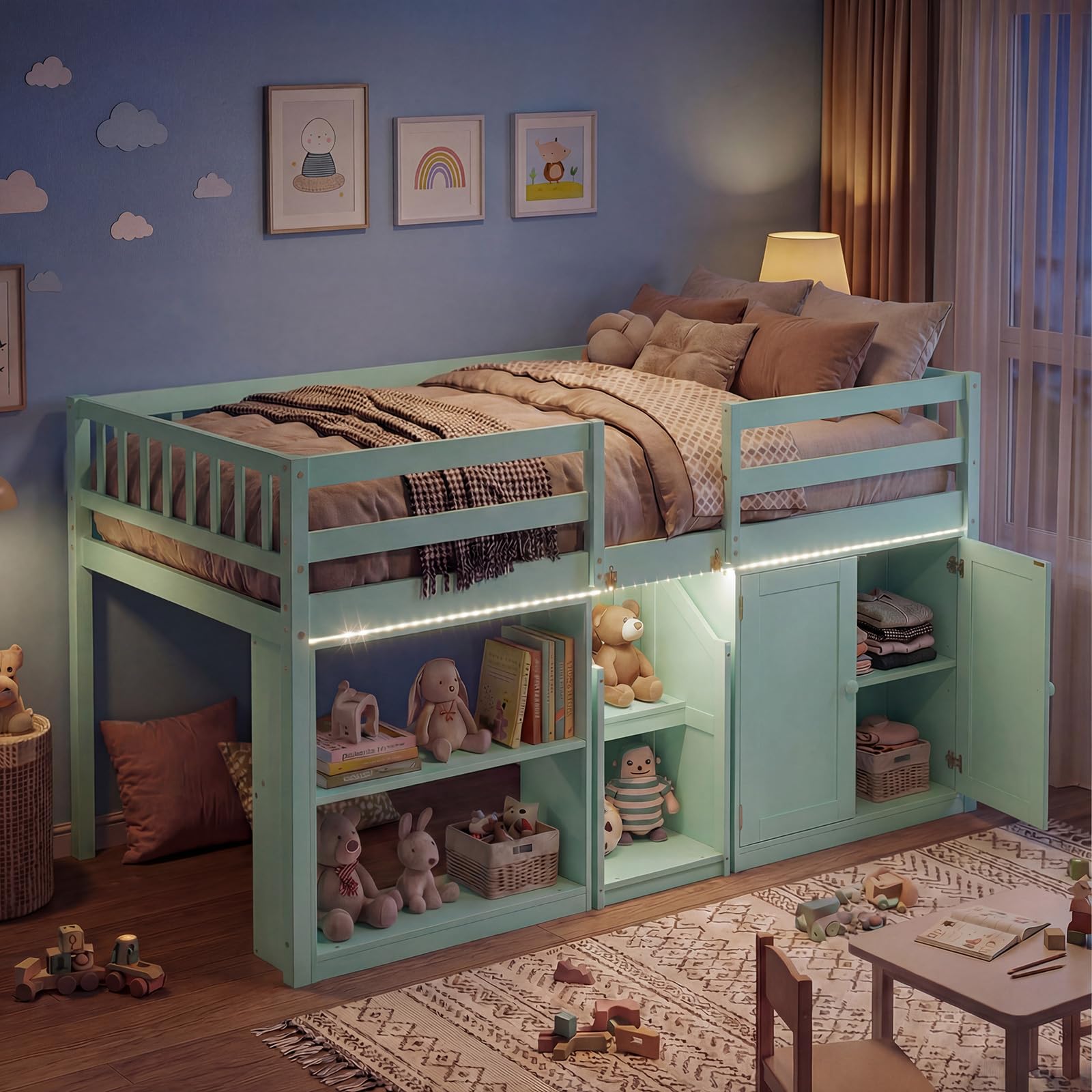 Giantex Low Loft Bed Twin Size with LED Lights, Wooden Bed Frame w/Stairs, Safety Guardrails, Storage Cabinet, Bookshelf & Under-Bed Play Space, Modern Kids Loft Bed for Boys Girls (Mint Green)