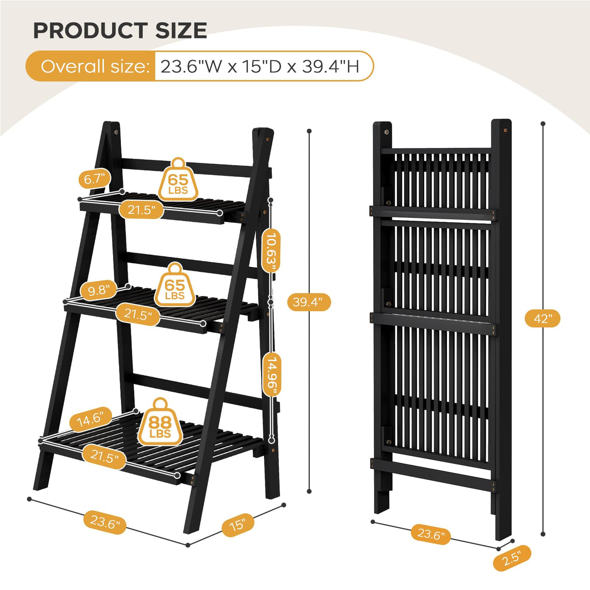 39.4" Foldable Ladder Shelf Plant Shelf, 3 Tier Bamboo Ladder Bookshelf