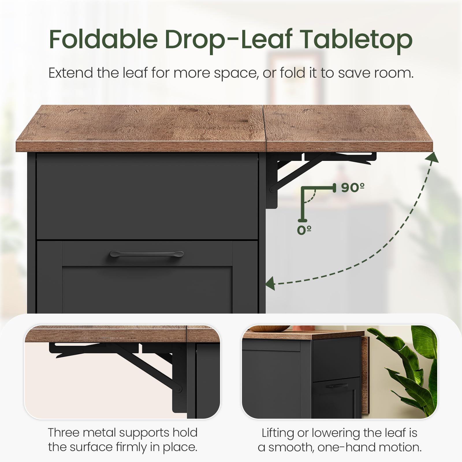 CHOEZON Kitchen Island with Trash Can Cabinet, Drop-Leaf Tabletop & 6 Wheels, 51.2-Inch Rolling Kitchen Cart with Fridge Shelf, Drawers & Adjustable Shelves, Farmhouse Style, Black and Walnut MZD07BL
