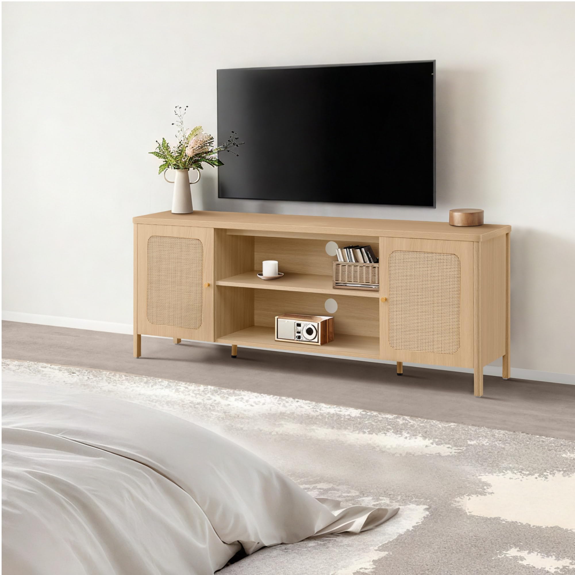 Boho Rattan TV Stand with Storage Cabinets