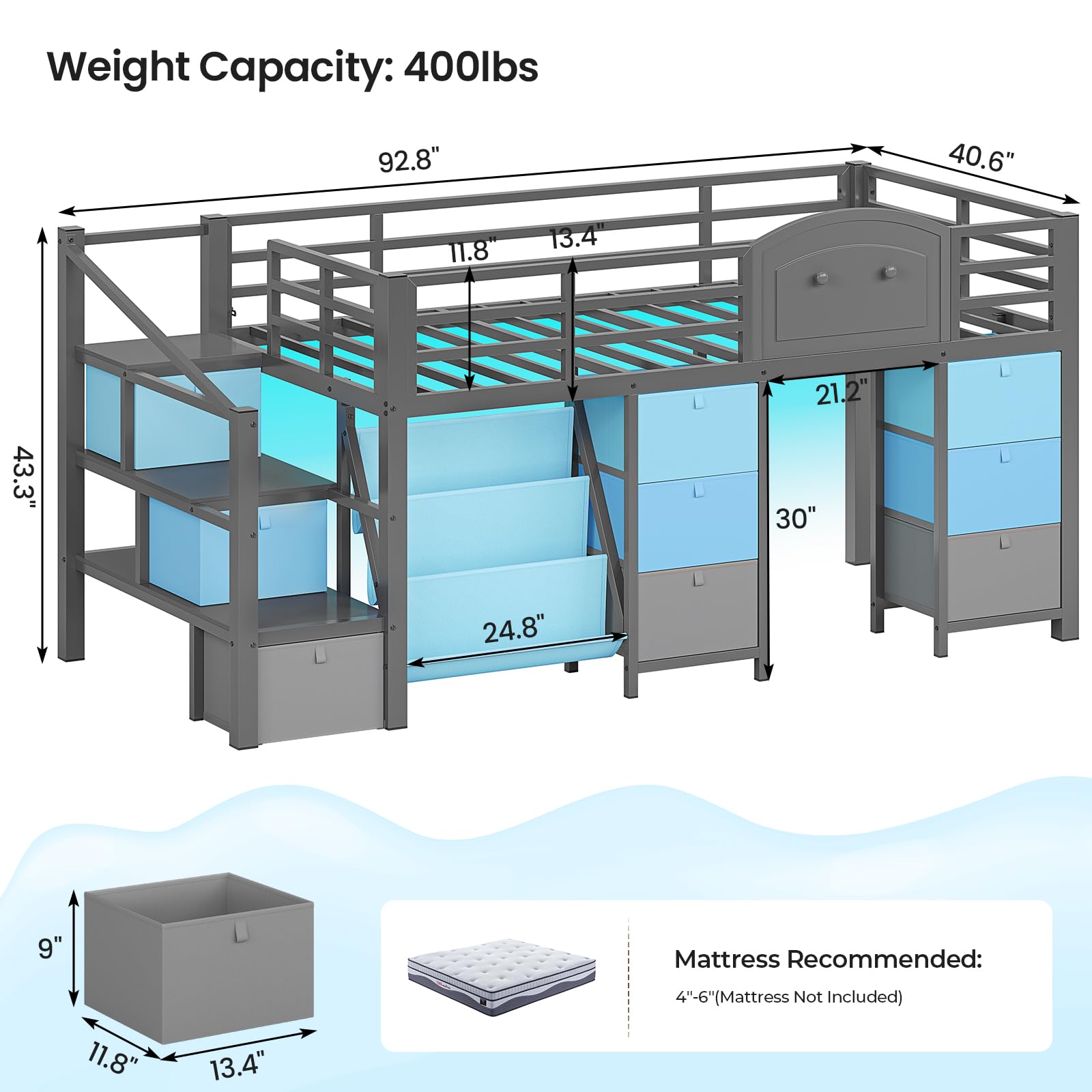 Kids Low Loft Bed Twin with Storage Drawers, LED Lights & Playhouse