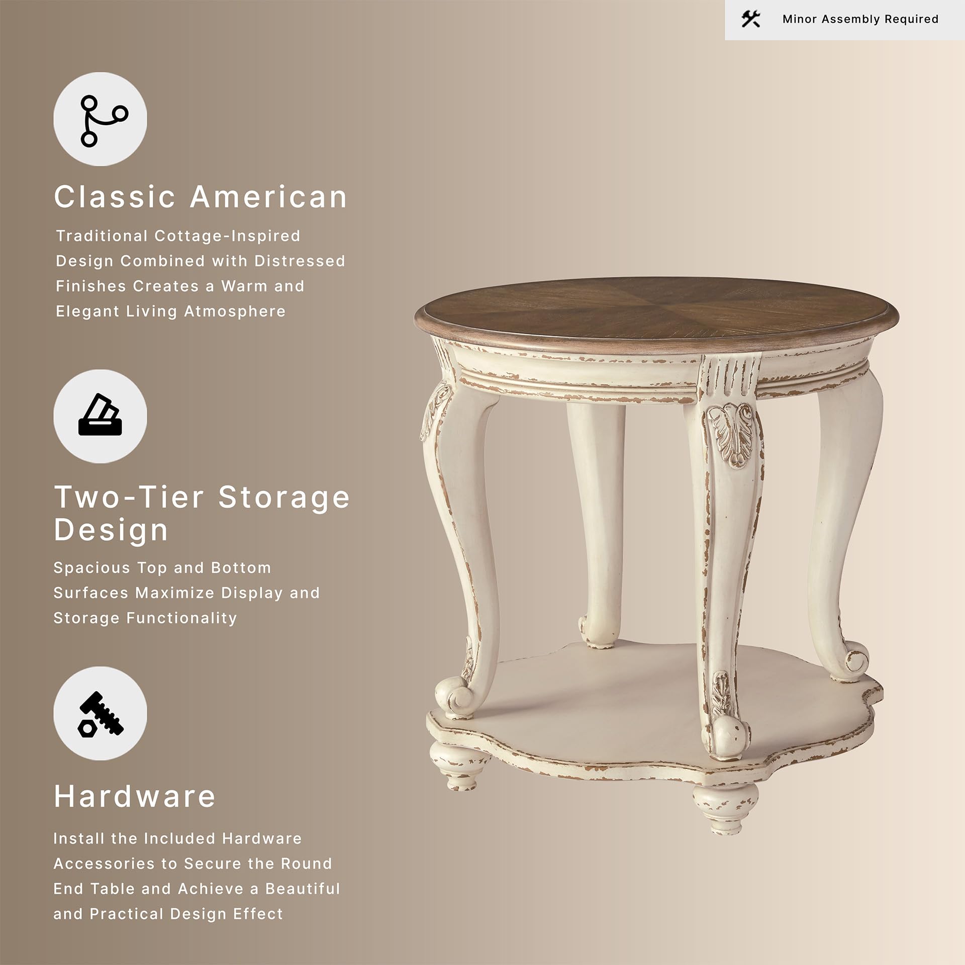 Signature Design by Ashley Realyn Round End Table, Cottage-Style Side Table with Antiqued Two-Tone Finish, Wood & Veneer Construction for Living Room or Bedroom, White/Brown