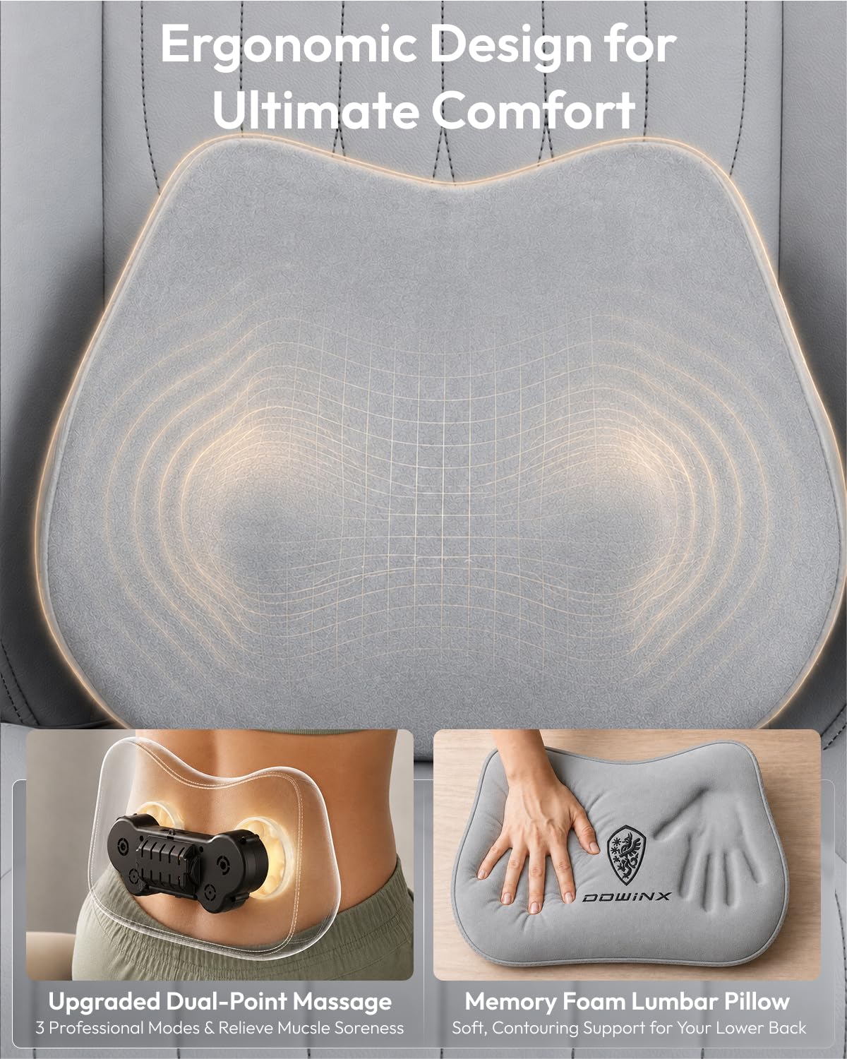 Dowinx Ergonomic Gaming Chair for Adults with Massage Neck Support, Grey