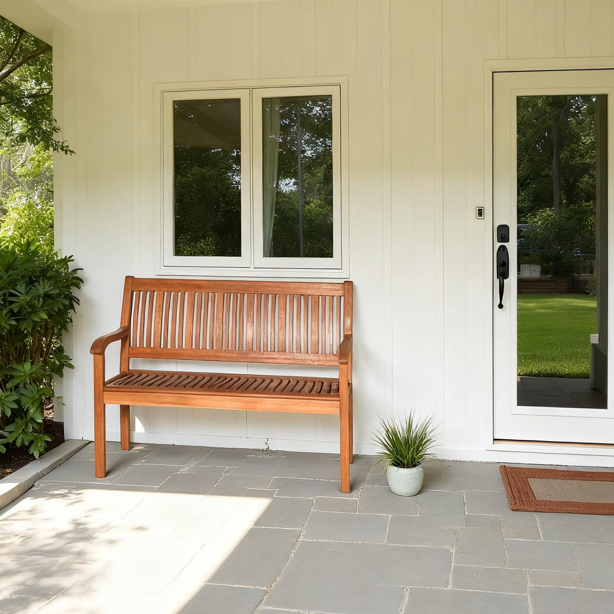 COSTWAY Wooden Bench Outdoor, Curved Armrest & Backrest, Teak Colored