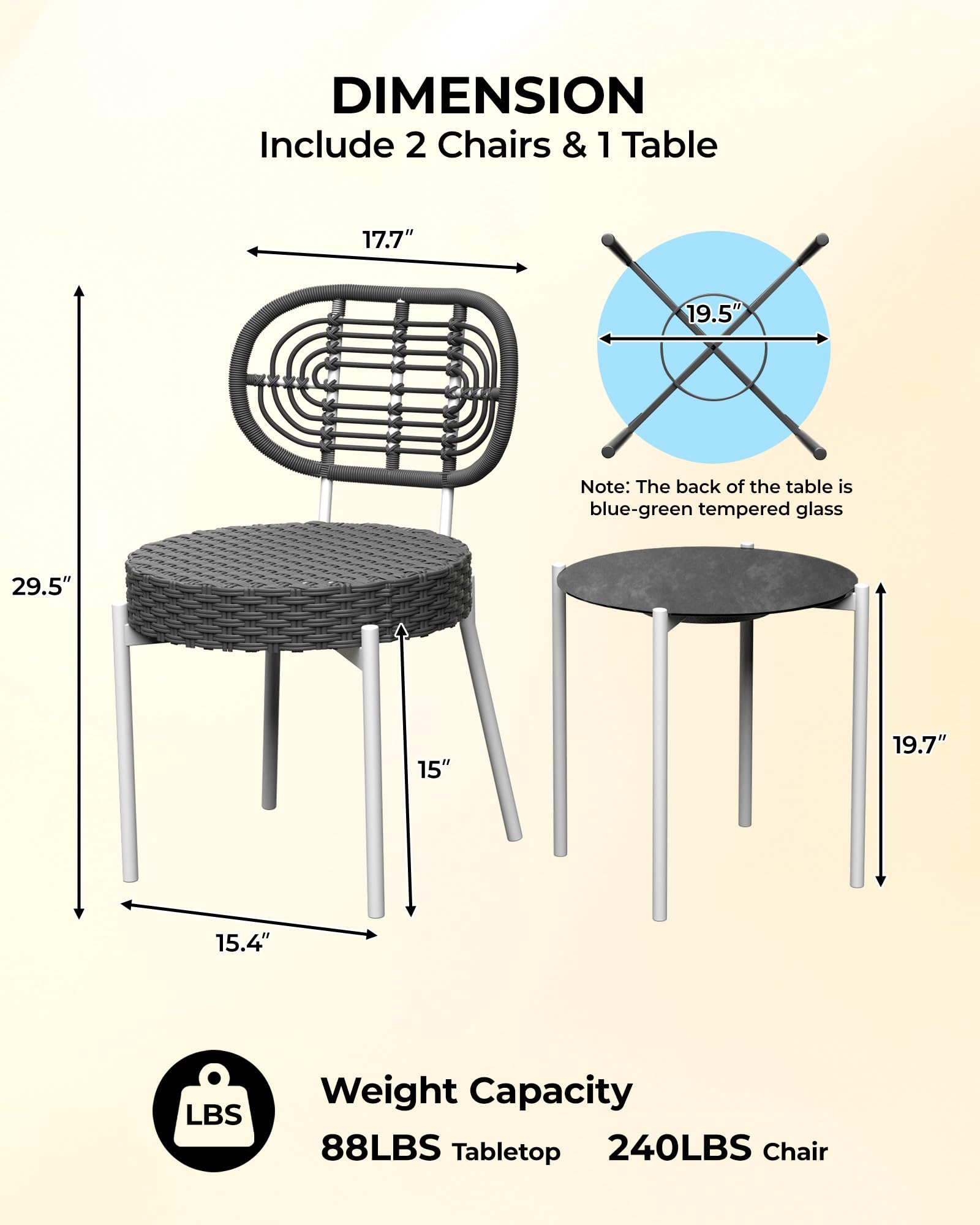 GarveeLife 3 Piece Wicker Patio Bistro Furniture Set, Outdoor Dining Chairs, Includes 2 Rattan Chairs and Tempered Glass Table, for Garden, Backyard, Balcony, Apartment, White & Grey