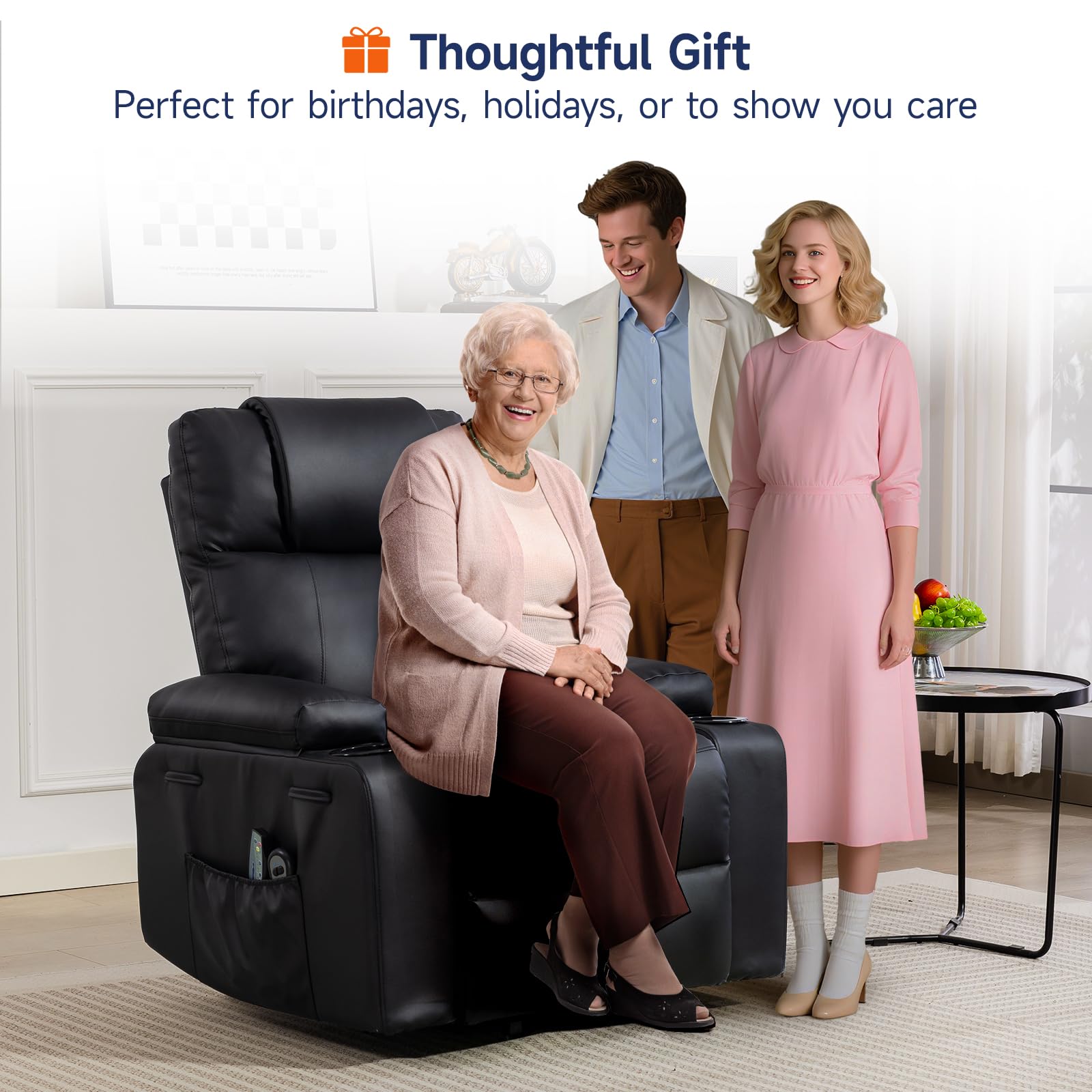 Brage Living Power Lift Recliner Chair for Elderly with Massage & Heat, 160° Adjustable PU Leather Electric Recliner with Remote, Cup Holders, Side Pockets, and Stand Assist for Living Room (Black)