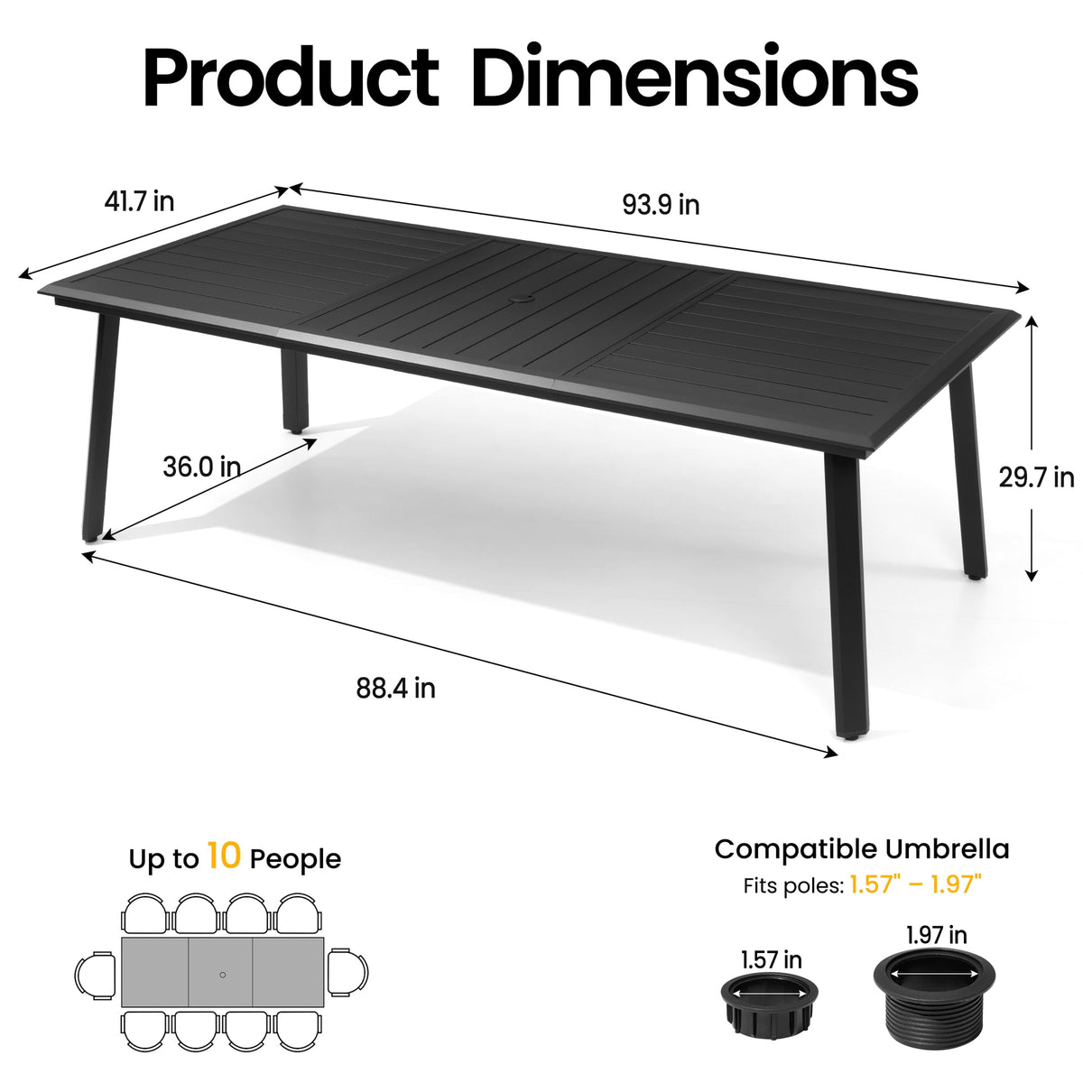 PATIOHIT 94" Outdoor Dining Table for 10 Black Aluminum Long Patio Table