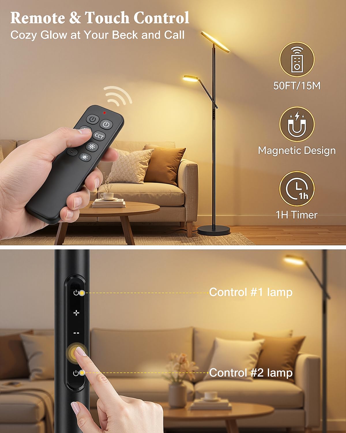 Floor Lamp, Upgraded 36W 3000LM Torchiere Super Bright LED Floor Lamp for Living Room, Stepless Dimmable Black Modern Standing Lamp with Remote & Touch Control, Tall Lamp for Bedroom, Office, Black