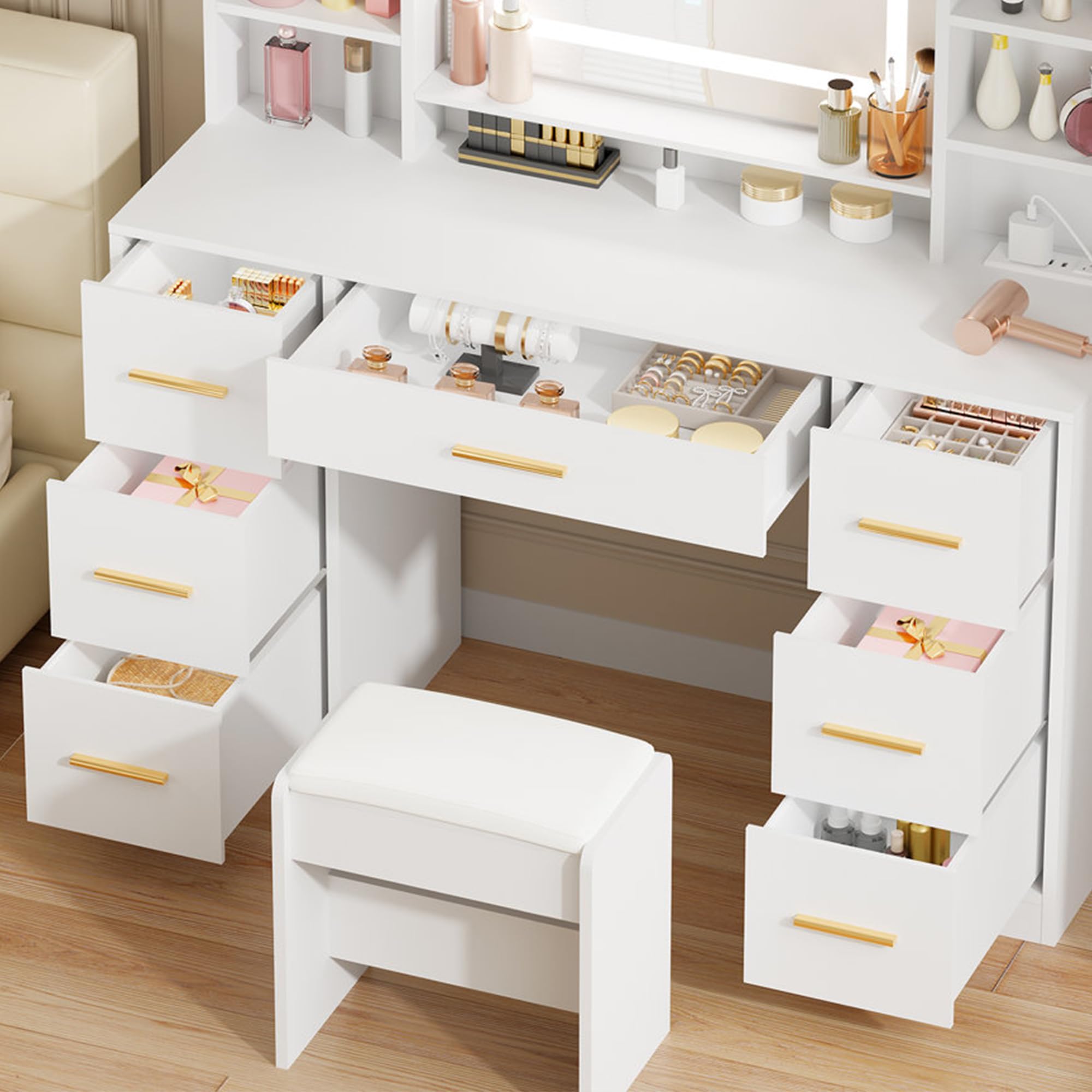 ANWBROAD Vanity Desk Table with Lighted Mirror 39.4“ Girls Makeup Vanity with Power Outlet 3 Colors Lighting Adjustable Brightness Vanity Table for Women Bedroom Dressing Room White UBDT65W