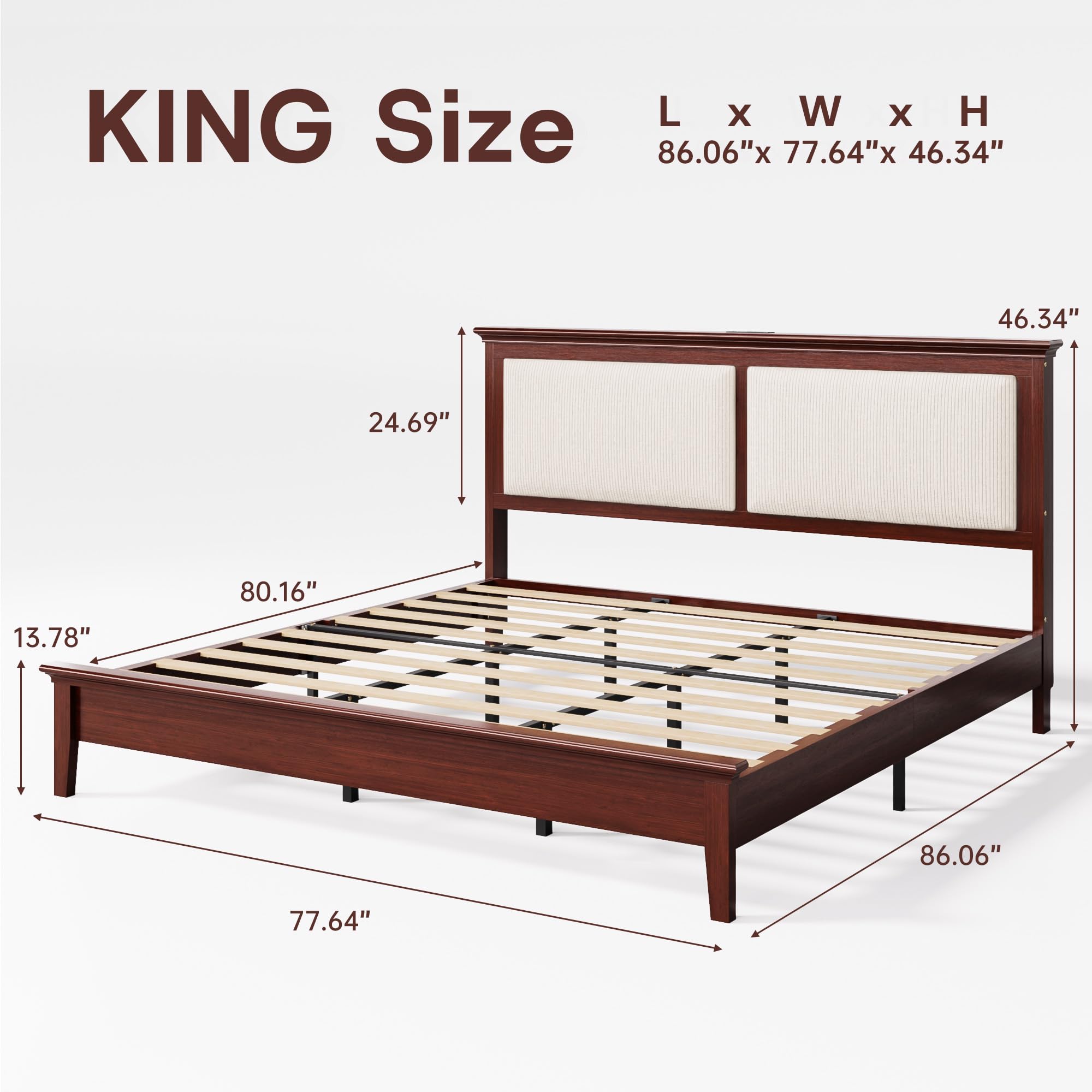 Lifezone Queen Bed Frame with Headboard, Solid Wood Bed Frame Queen Size with Charging Station & RGB LED, Wood Slats Support, Noise-Free, Sturdy Structure, Easy Assembly, Mahogany
