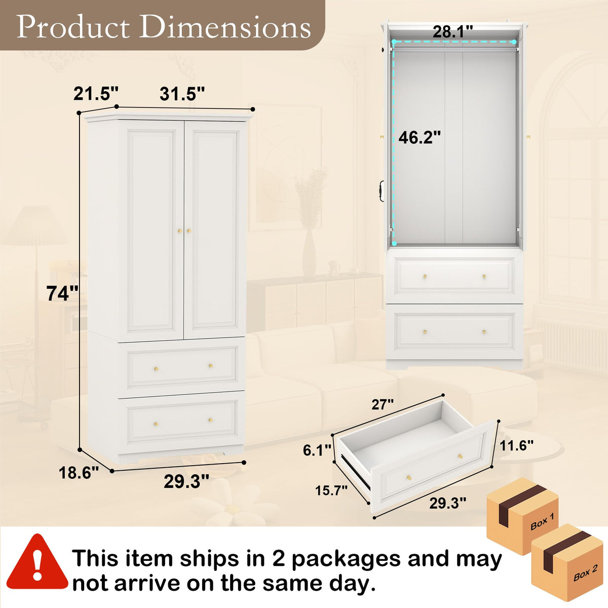 White Fluted Wardrobe with Drawers