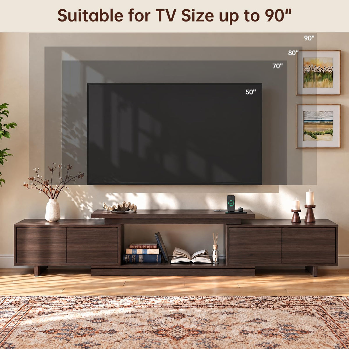 LIKIMIO Extendable TV Stand for 65-90 Inch TVs, Adjustable Length 63-94.5"