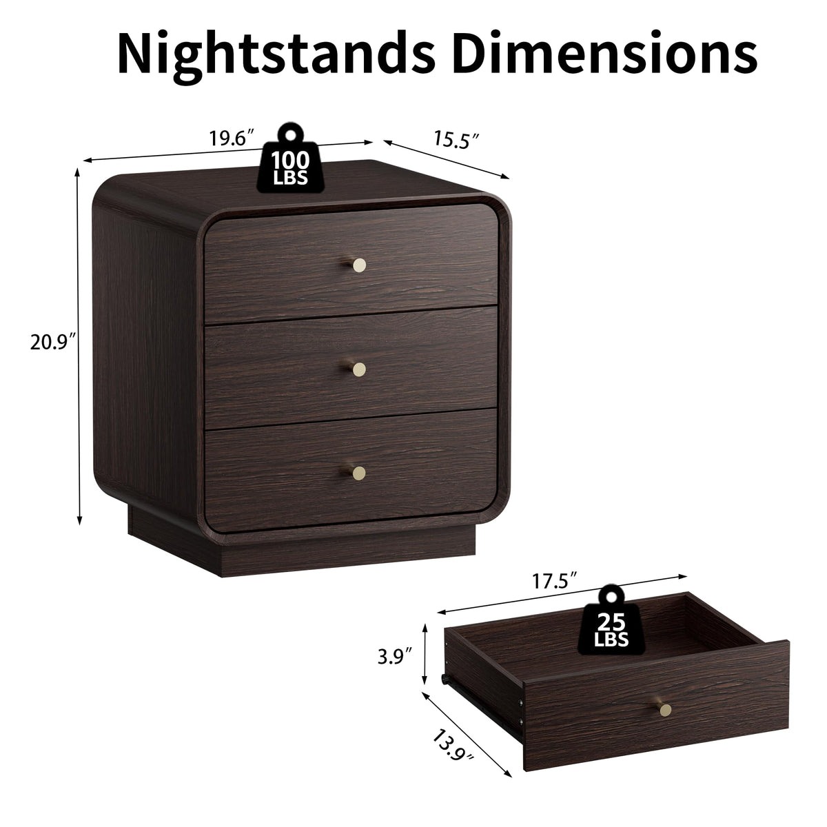 3-Drawer Nightstands Set of 2