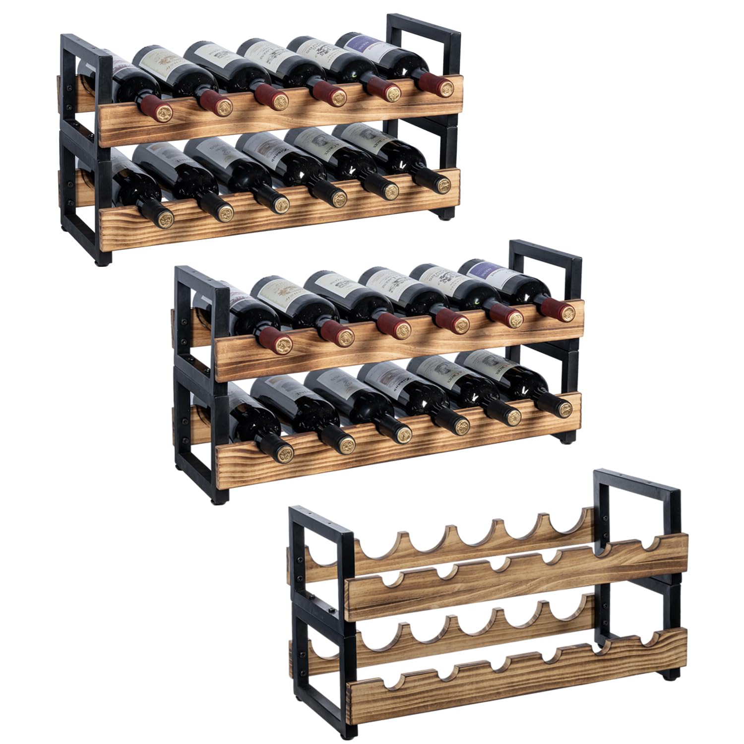 MyGift 6-Tier Wine Rack for 36 Bottles – Freestanding Industrial Wine Bottle Holder with Burnt Wood Shelves & Black Metal Frame – Large Horizontal Storage Stand for Home Bar, Kitchen, Cellar