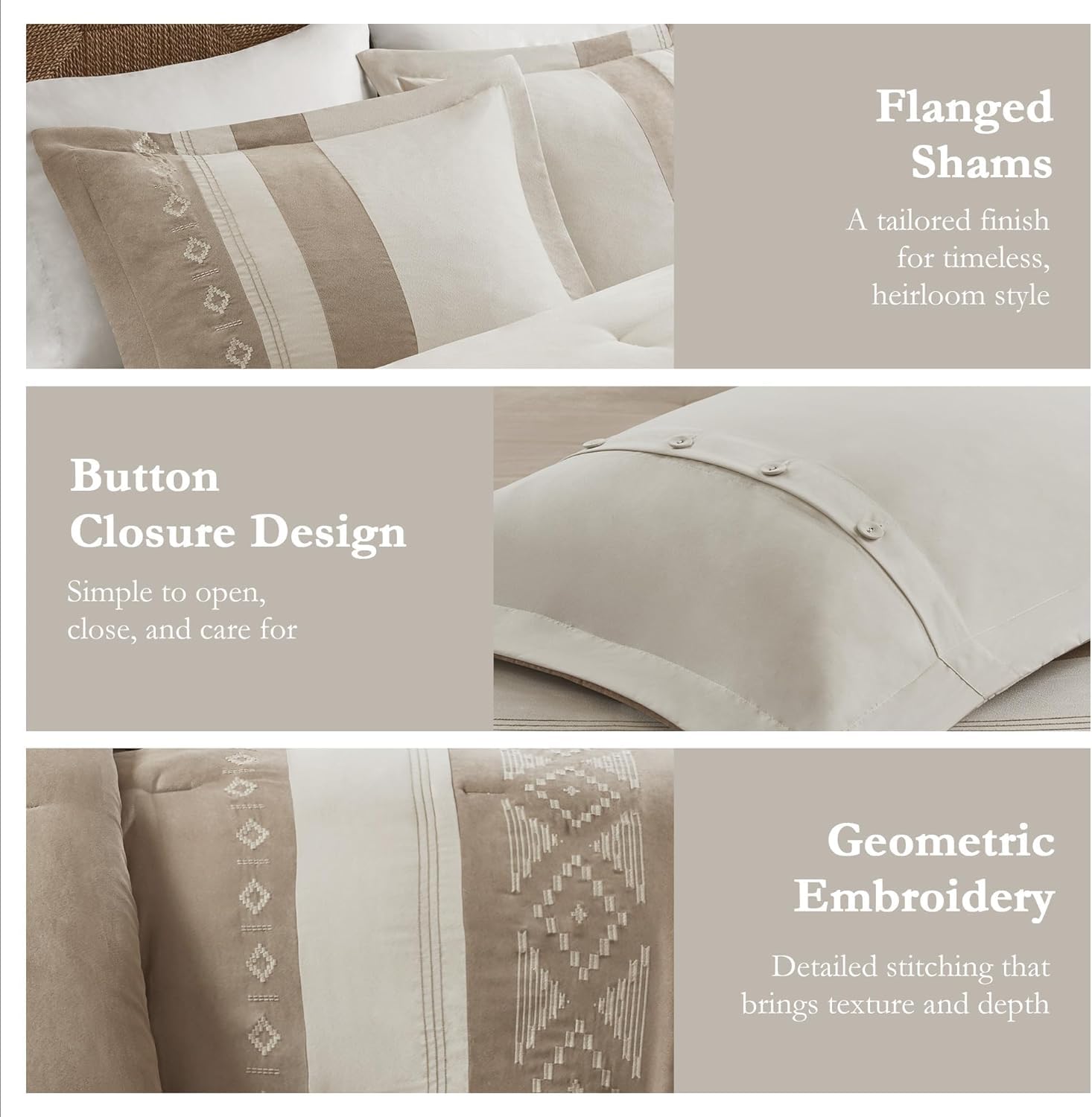 King Comforter Set – 5-Piece Microsuede Embroidered Bedding with Decorative Pillows, Taupe