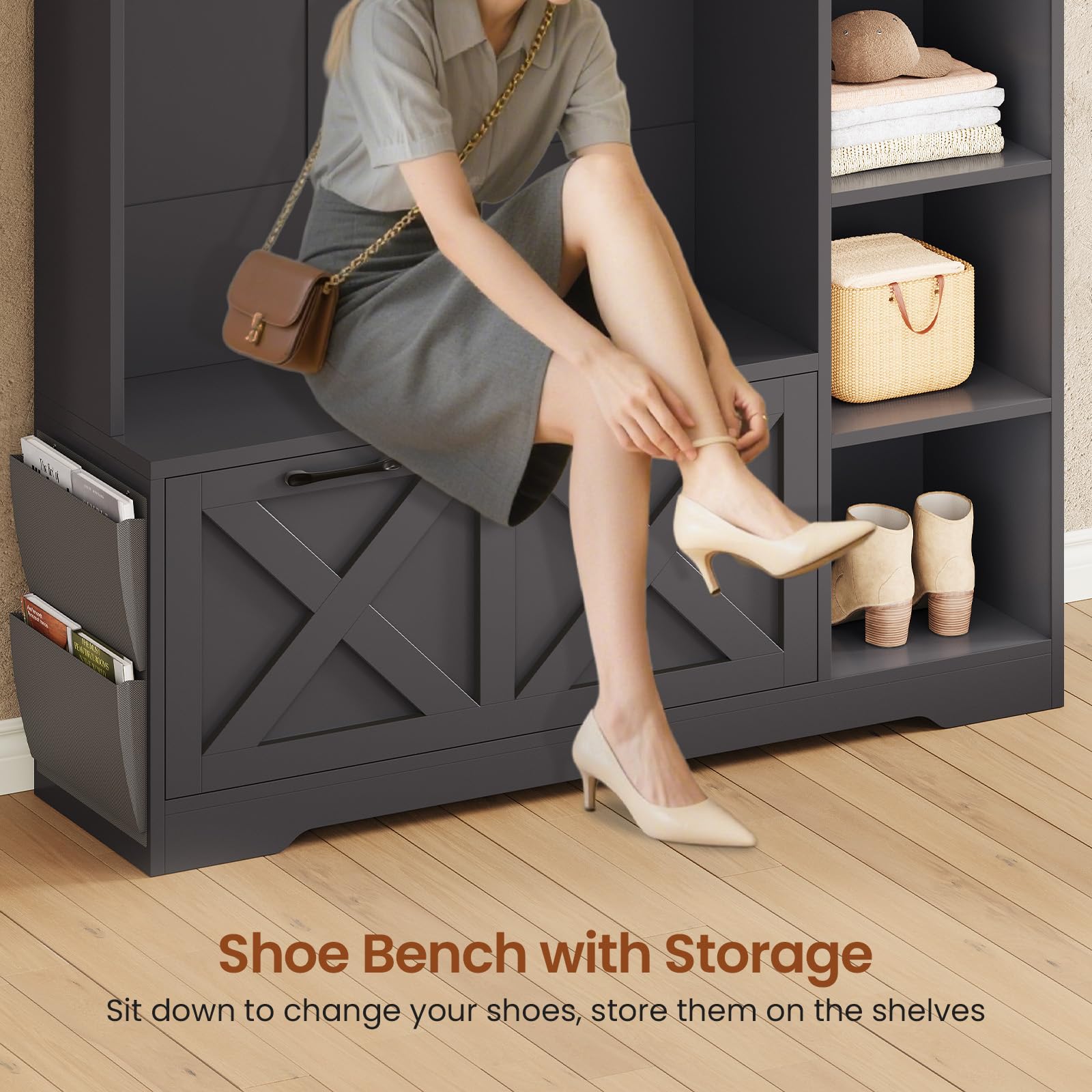 Hall Tree with Bench, Shoe Storage & LED Lights