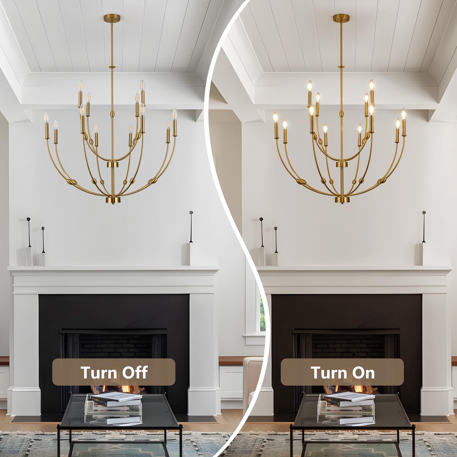 ACANER Modern Gold Chandelier, 12- Light Large Chandelier for High Ceilings, 35 inch 2-Tier Candle Style Rustic Hanging Light Fixture for Living Room Foyer Entryway