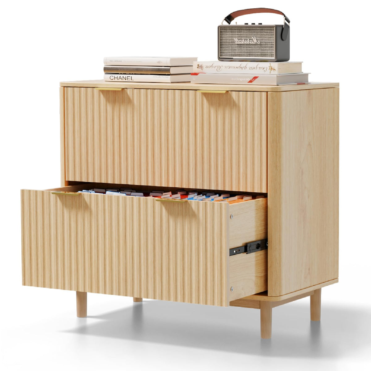 Bonnlo 2 Drawer File Cabinet, Home Office Filing Organizer, for Letter Legal A4 Size File Folder Storage, Modern Style Fluted Design, Wood Lateral Filing Cabinet, Printer Stand, Archivador, Oak