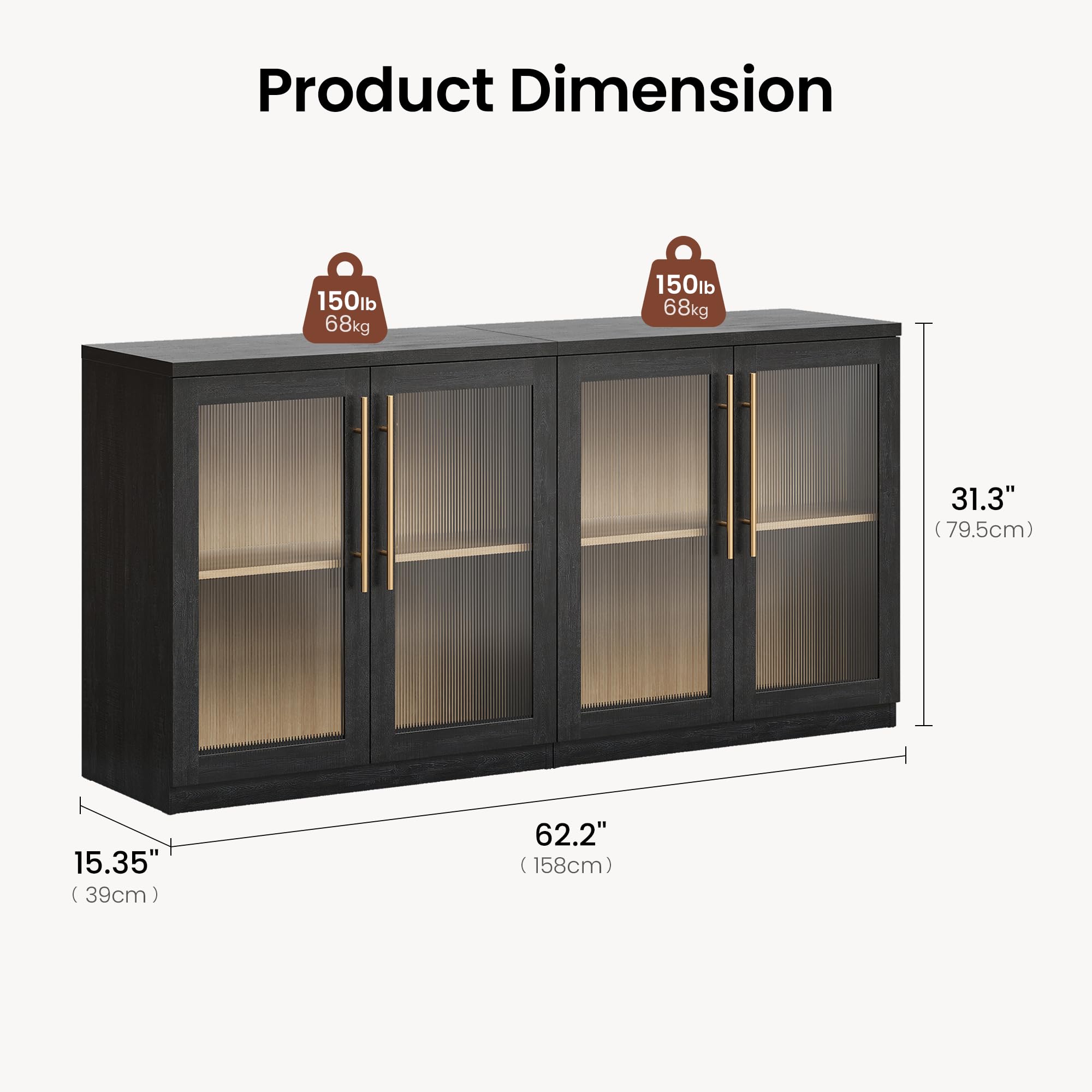 ModernMate Set of 2 Accent Sideboard Cabinets, 62" Modular Storage Buffet Table with Acrylic View Doors, Black Wood Grain Media Console with Soft-Close Hinges for Living Room, Dining Room