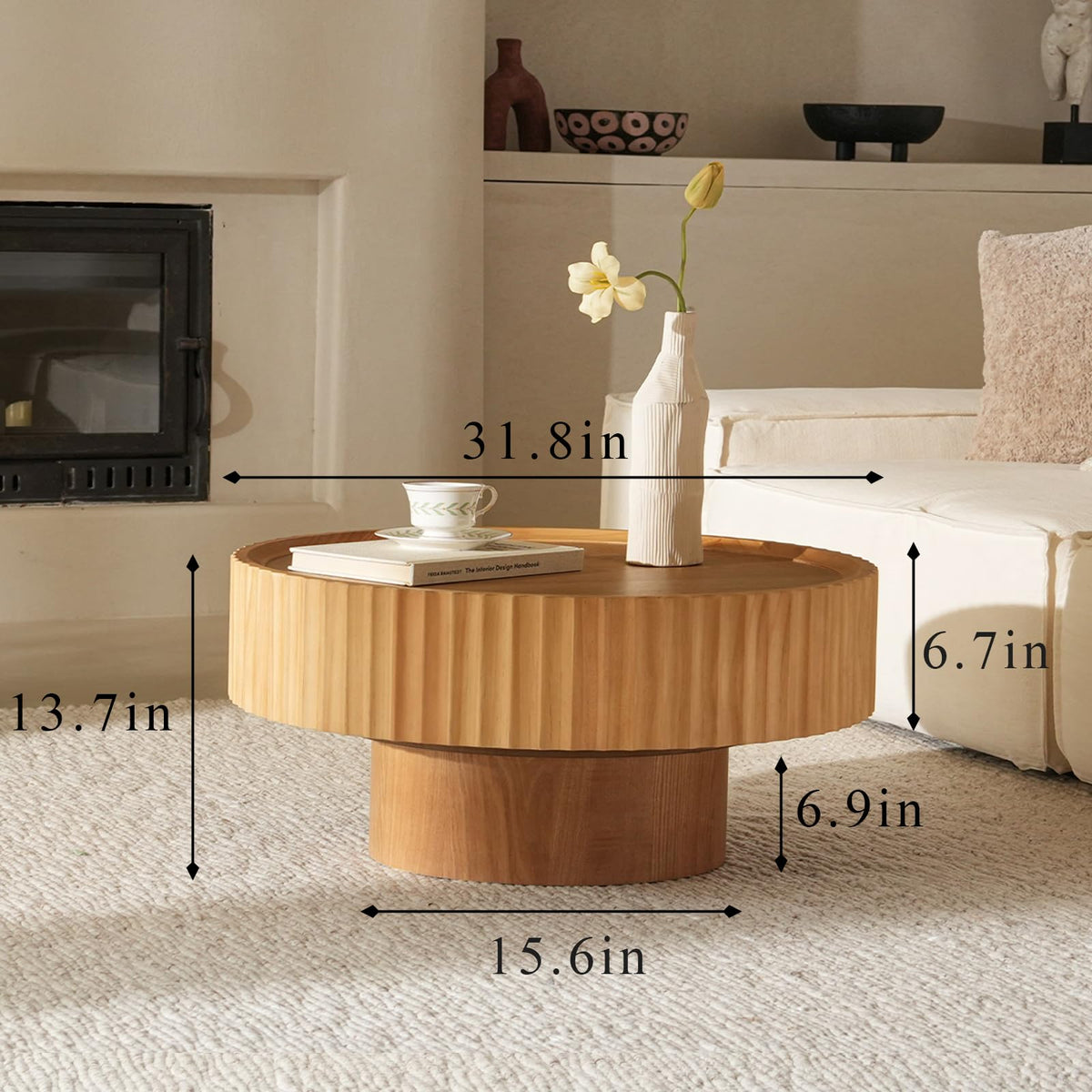 Veihaus Round Coffee Table, 31.8” Coffee Table with Storage, Fluted Drum Modern Living Room Table, Mushroom Shape Wood Center Tables, Coffee Tables for Living Room(31.8''L×13.7''H,Nature Wood)