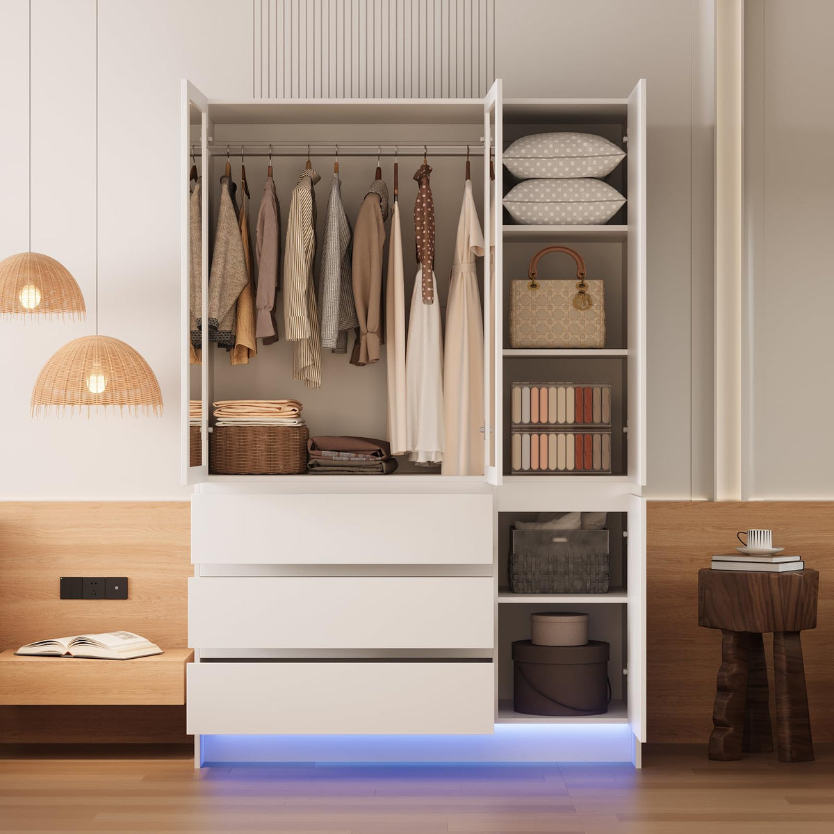 VOWNER Armoire Wardrobe Closet with 4 Doors, Bedroom Armoire with Mirrors