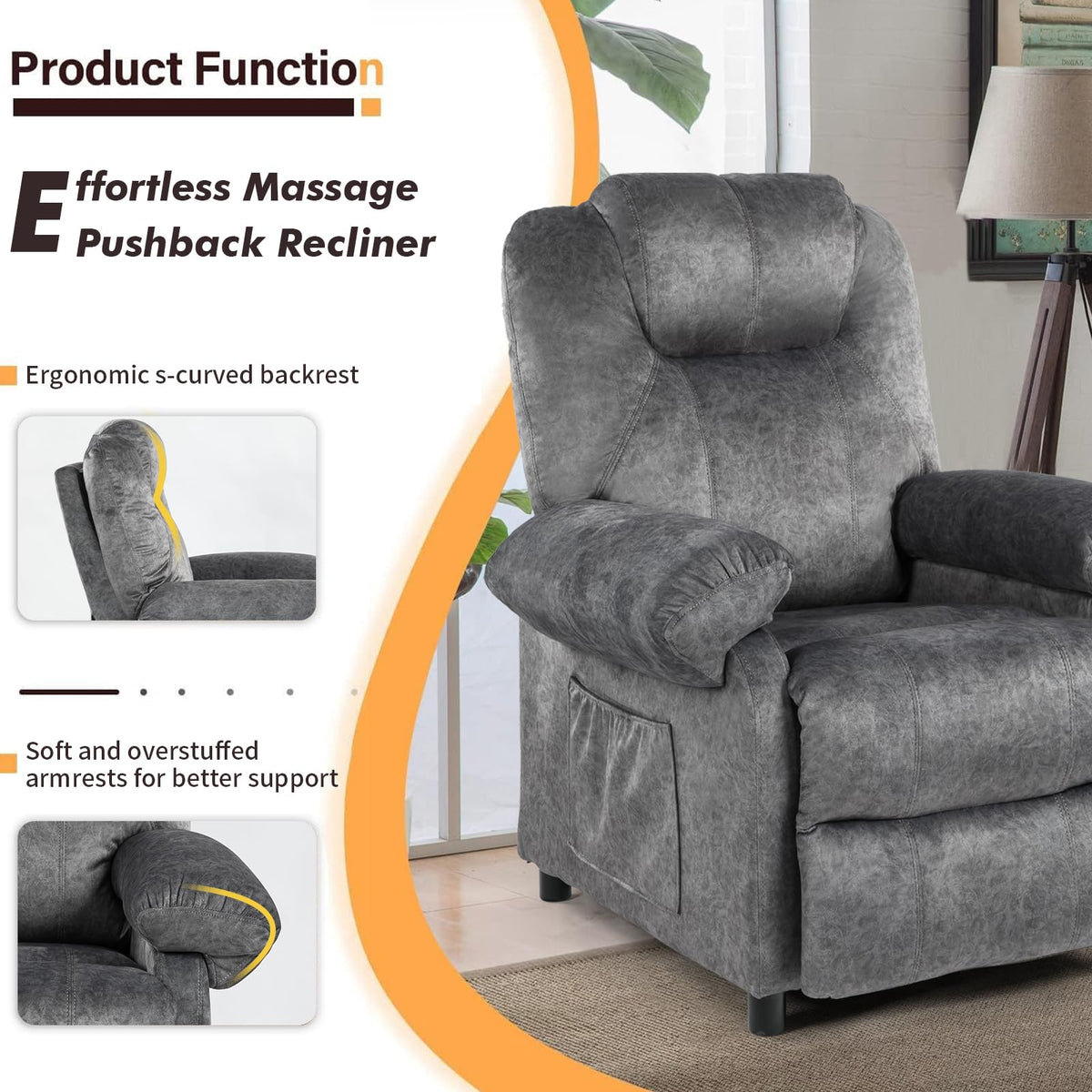 PushBack Massage Recliner Chair with Heat Small Reclining Single Sofa Grey