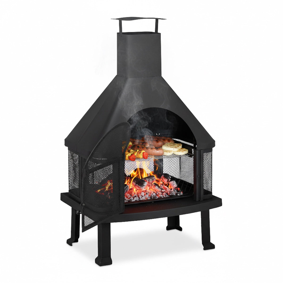 Relaxdays Patio Log Burner with Grill, Outdoor Fireplace with Spark Guard, Fire Poker, Solid, Steel, 110x63x51 cm, Black
