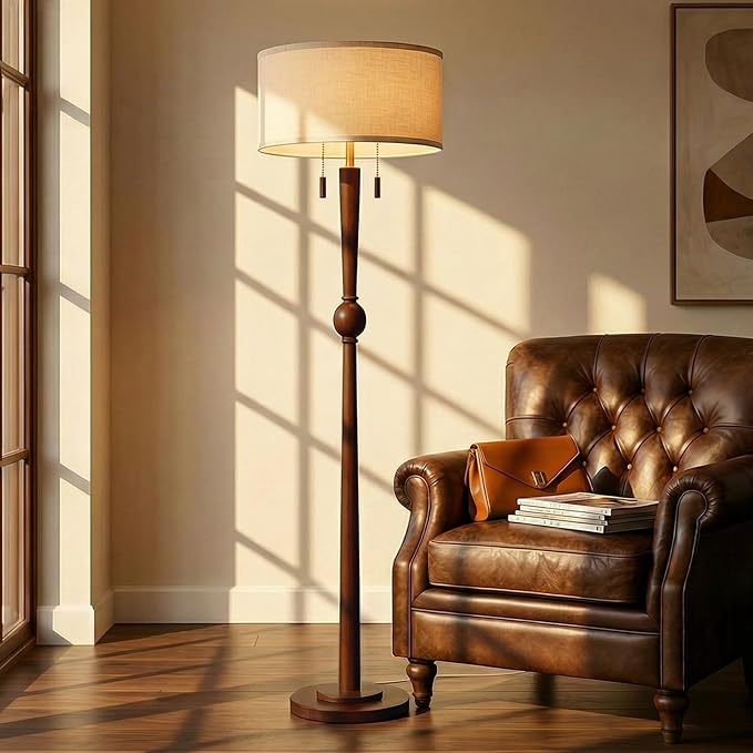 Solid Wood Floor Lamp with 2-Light Pull Chain & Linen Drum Shade