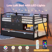 ADORNEVE Low Loft Bed Twin Size with Trundle & LED Lights, Kids Loft Bed with 4 Storage Drawers & Open Cubbies & DIY Pegboard, Twin Loft Bed with Safety Guardrail,Under-Bed Play Zone, Black