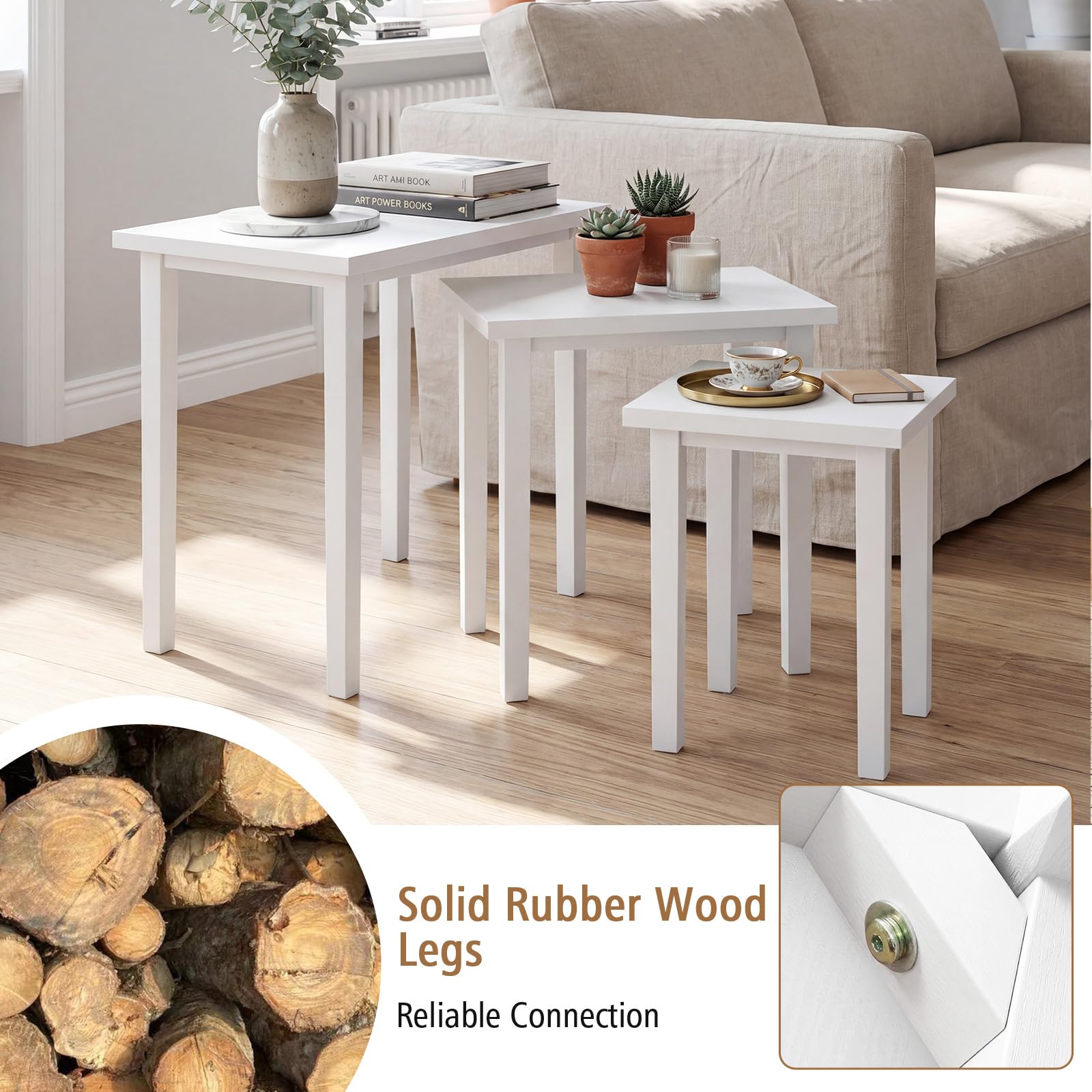 Farmhouse Nesting Side Tables – Set of 3, Wood & Rubber Legs