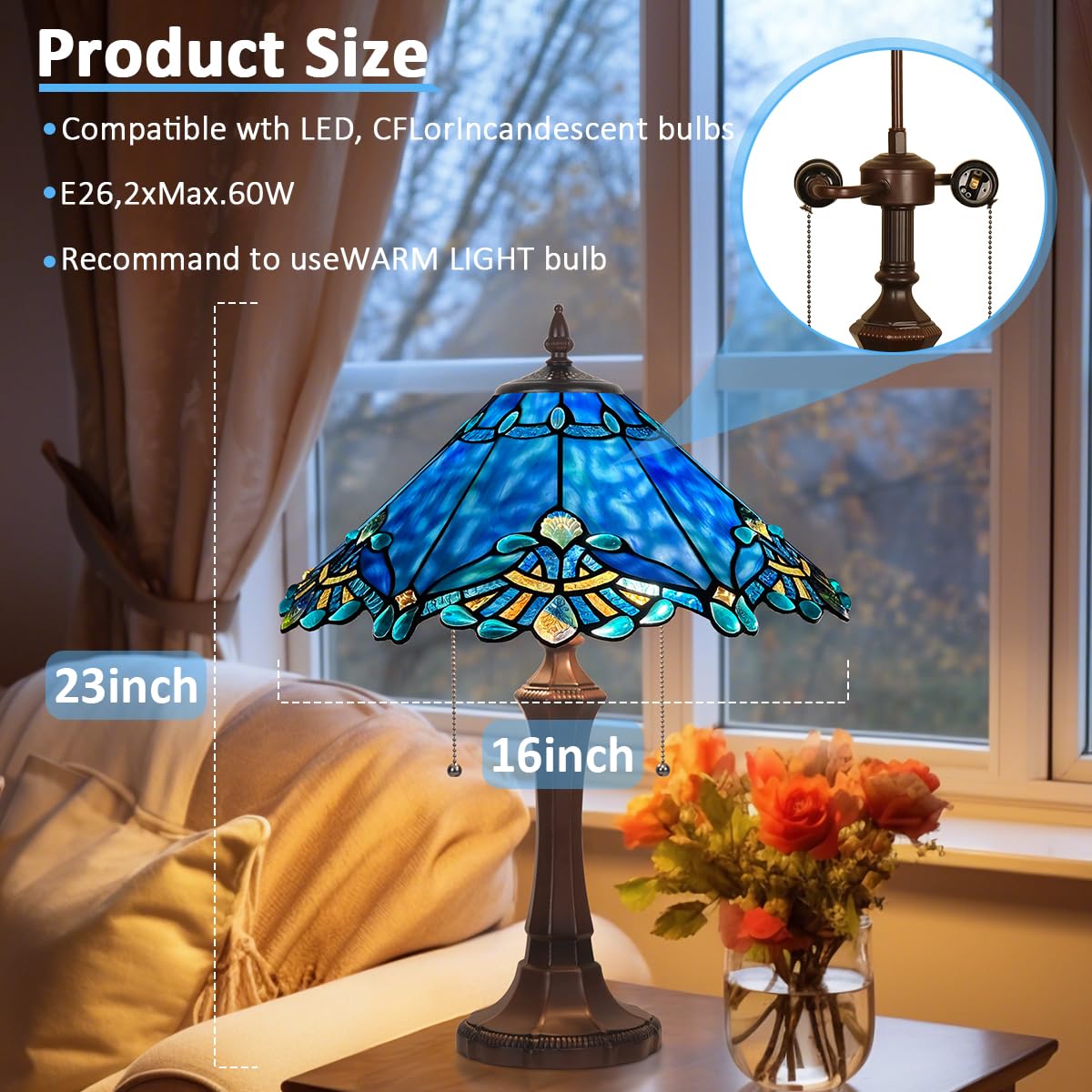 COTOSS Tiffany Table Lamp for Living Room,Blue Stained Glass Table Light,Antique Style 16 inch Large Desk Lamp 2 Light Beside Reading Lamp for Bedroom Office