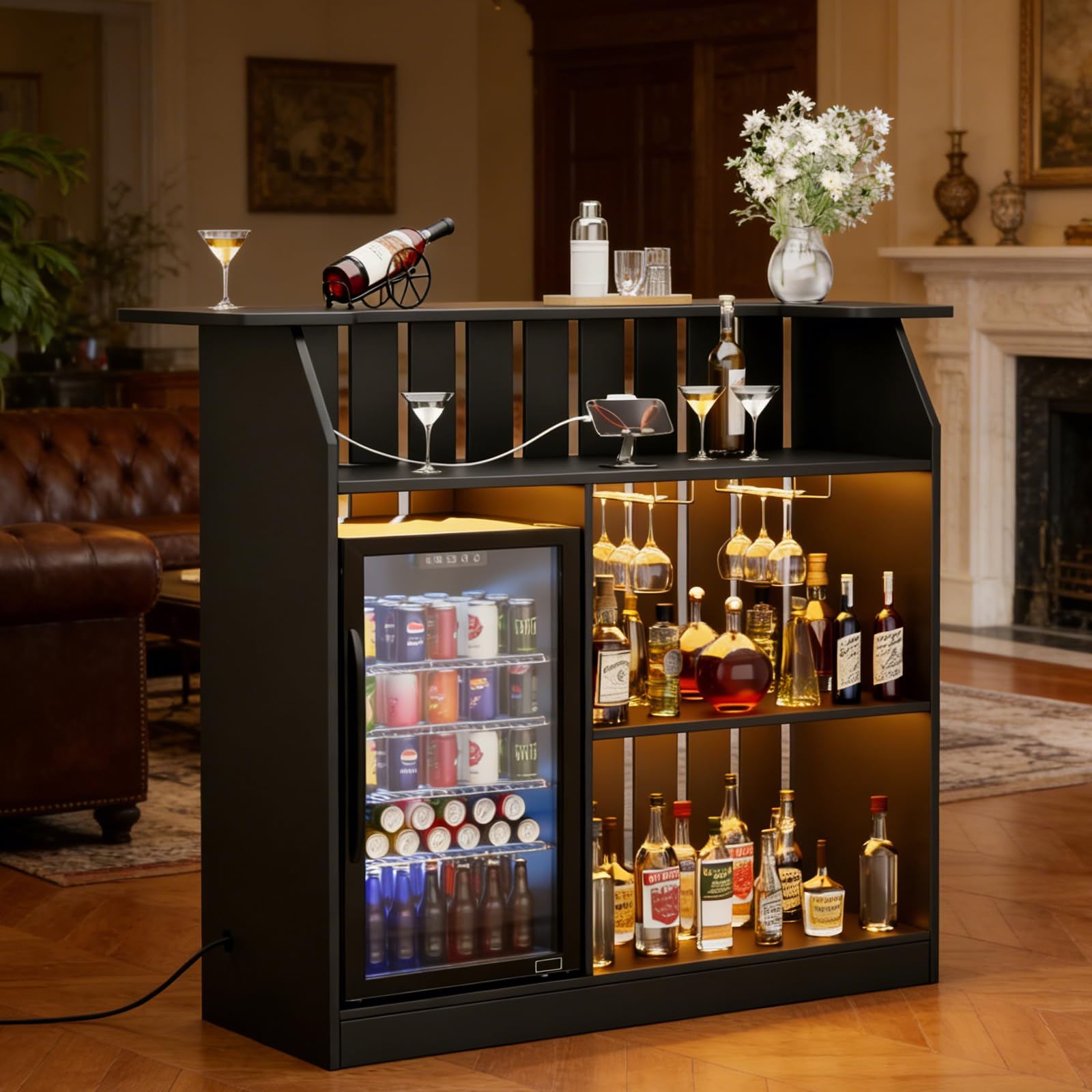 U-Shape Bar Table, Home Bar Unit with Fridge Space, 4 Tier Liquor Wine Cabinet with LED Light, Power Outlet, Wine Glass Holder, Modern Mini Bar with Storage for Living Room, Basement, Home Pub, Black