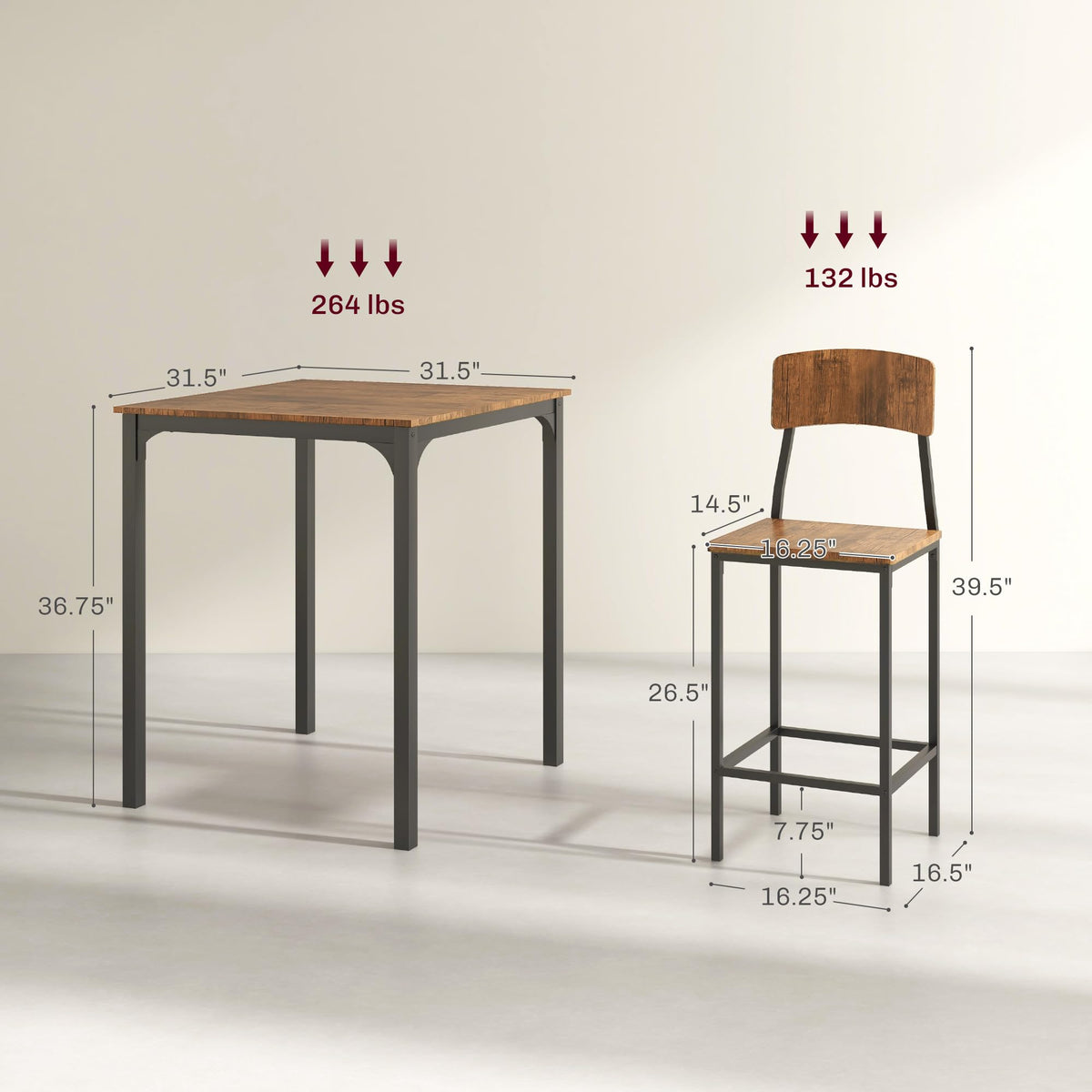 HOMCOM 3 Piece Industrial Counter Height Dining Table Set, Bar Table & Chairs with Steel Legs & Footrests, Black