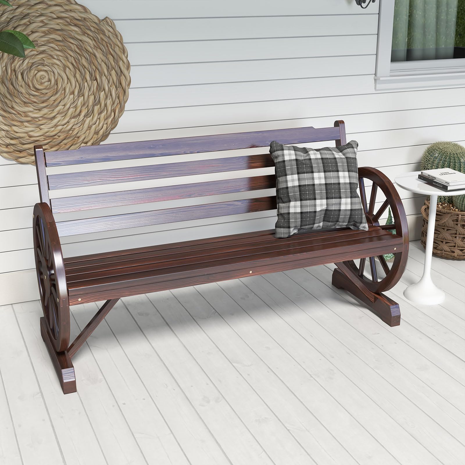 Outdoor Wooden Wagon Bench with Wheel Armrest