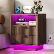 Nightstand with Charging Station, LED Light, 2-Drawer, Walnut, Bedroom