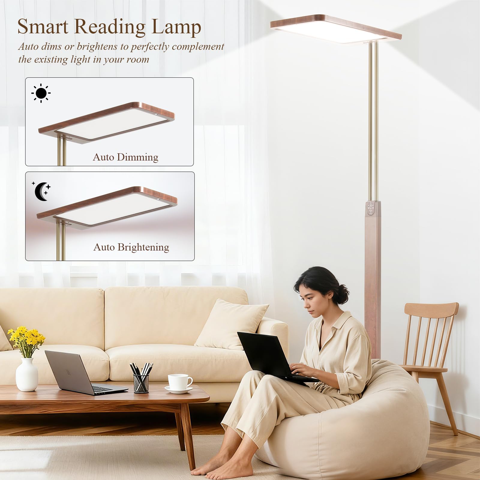 STERREN Vintage LED Floor Lamp, 10500LM Eye-Care Height Adjustable Free-Standing Lamps, 110W Full Spectrum Reading Light for Office, Meeting Room, 2700-5000K, Black Walnut Wood Finish